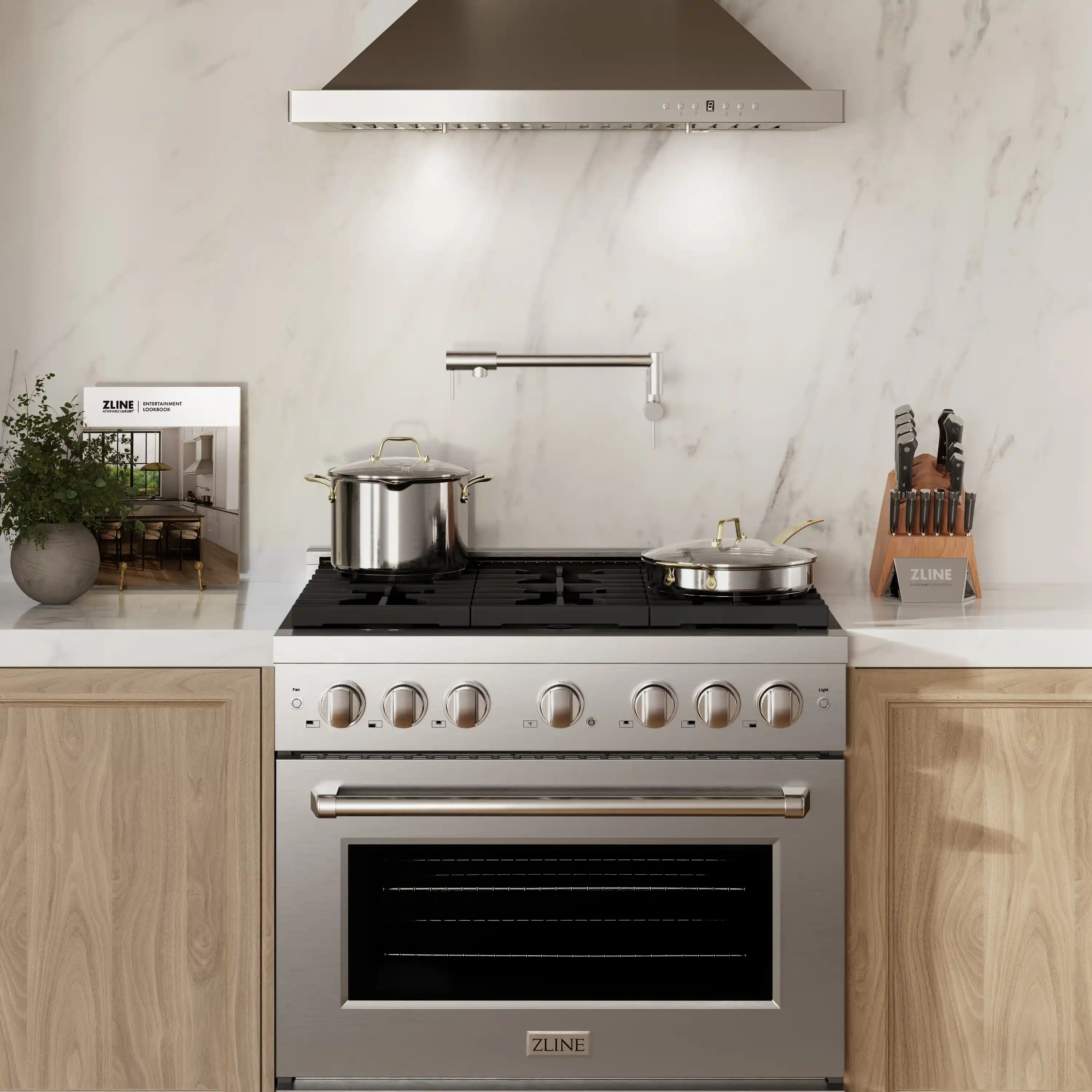 ZLINE 5-Piece Appliance Package - 36-Inch Paramount Dual Fuel Range, Wall Mount Range Hood, 36-Inch French Door Refrigerator, Dishwasher, and 30-Inch Microwave Drawer in Stainless Steel - Image 3