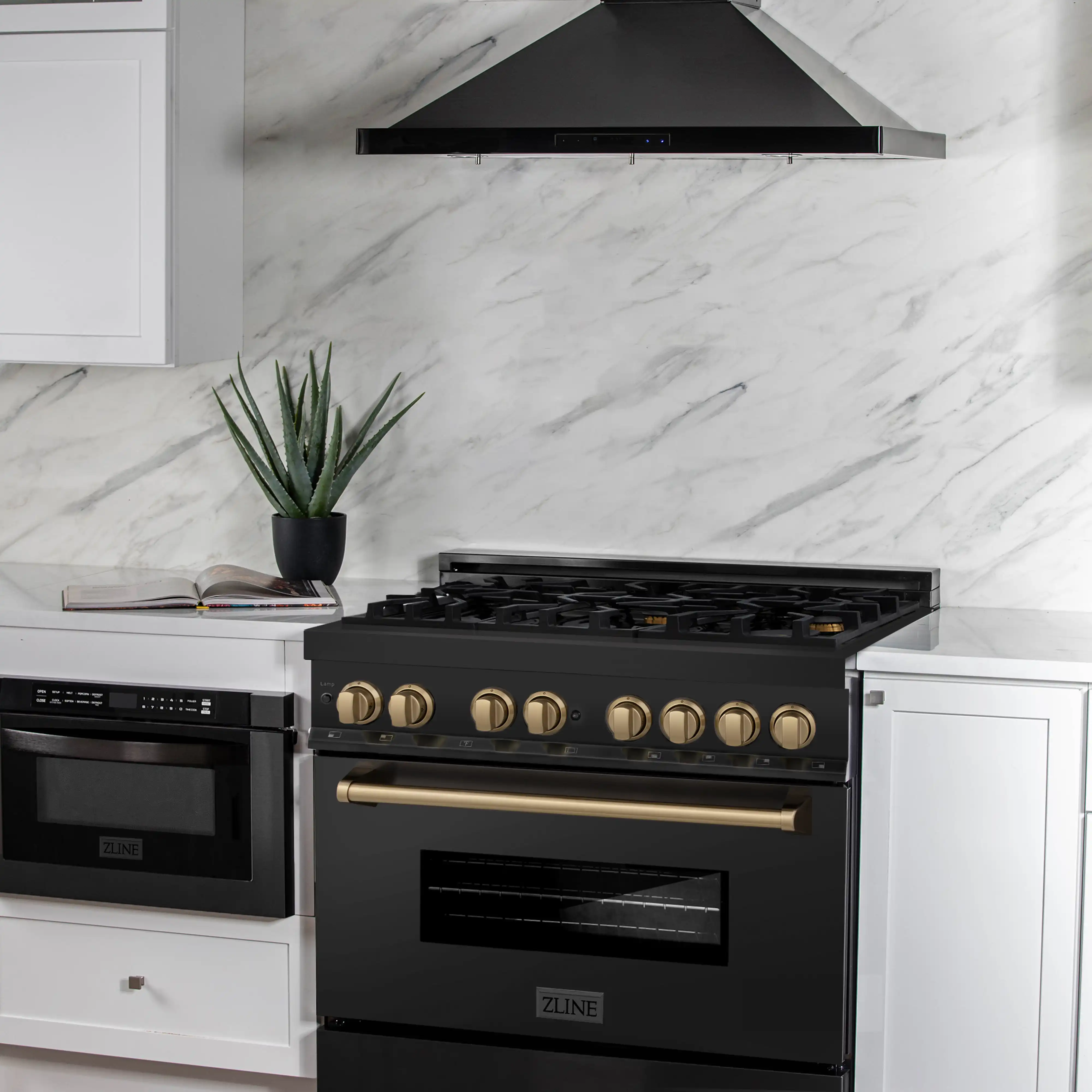 ZLINE 5-Piece Appliance Package - 36-Inch Legacy Dual Fuel Range, Wall Mount Range Hood, 36-Inch French Door Refrigerator with Water Dispenser, Dishwasher, and 30-Inch Microwave Drawer in Black Stainless Steel with Champagne Bronze Accents - Image 3