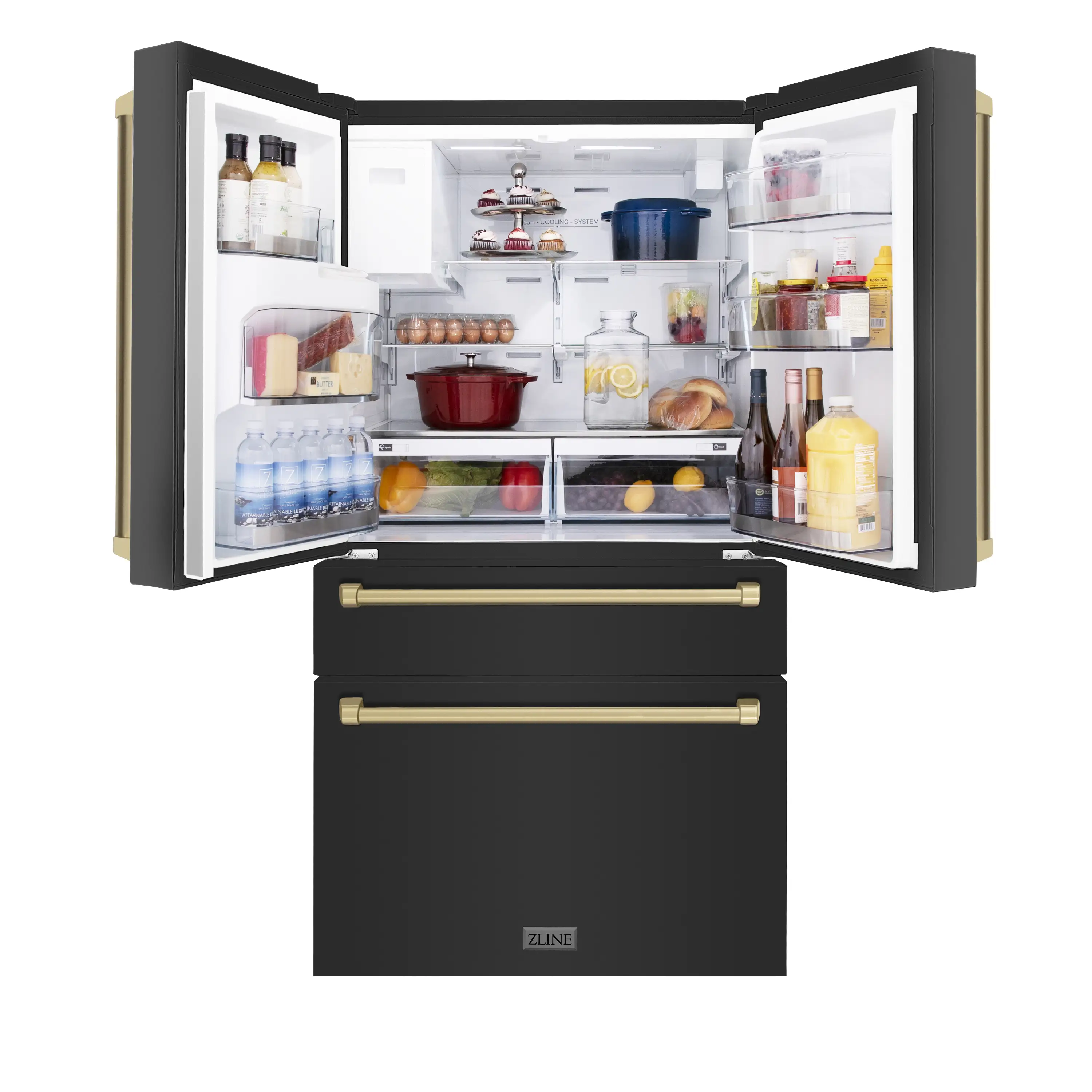 ZLINE 5-Piece Appliance Package - 36-Inch Legacy Dual Fuel Range, Wall Mount Range Hood, 36-Inch French Door Refrigerator with Water Dispenser, Dishwasher, and 30-Inch Microwave Drawer in Black Stainless Steel with Champagne Bronze Accents - Image 24