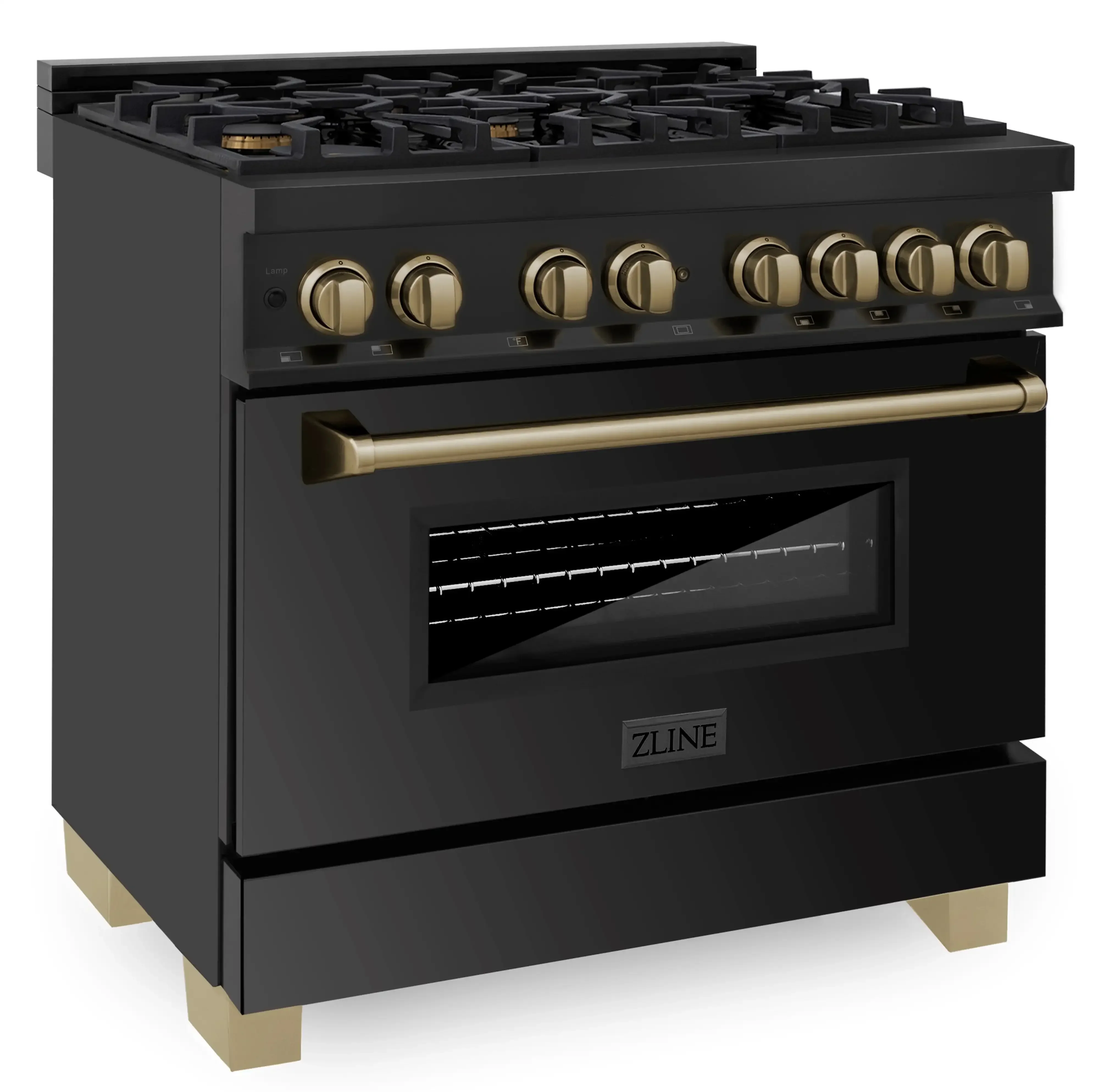 ZLINE 5-Piece Appliance Package - 36-Inch Legacy Dual Fuel Range, Wall Mount Range Hood, 36-Inch French Door Refrigerator with Water Dispenser, Dishwasher, and 30-Inch Microwave Drawer in Black Stainless Steel with Champagne Bronze Accents - Image 6