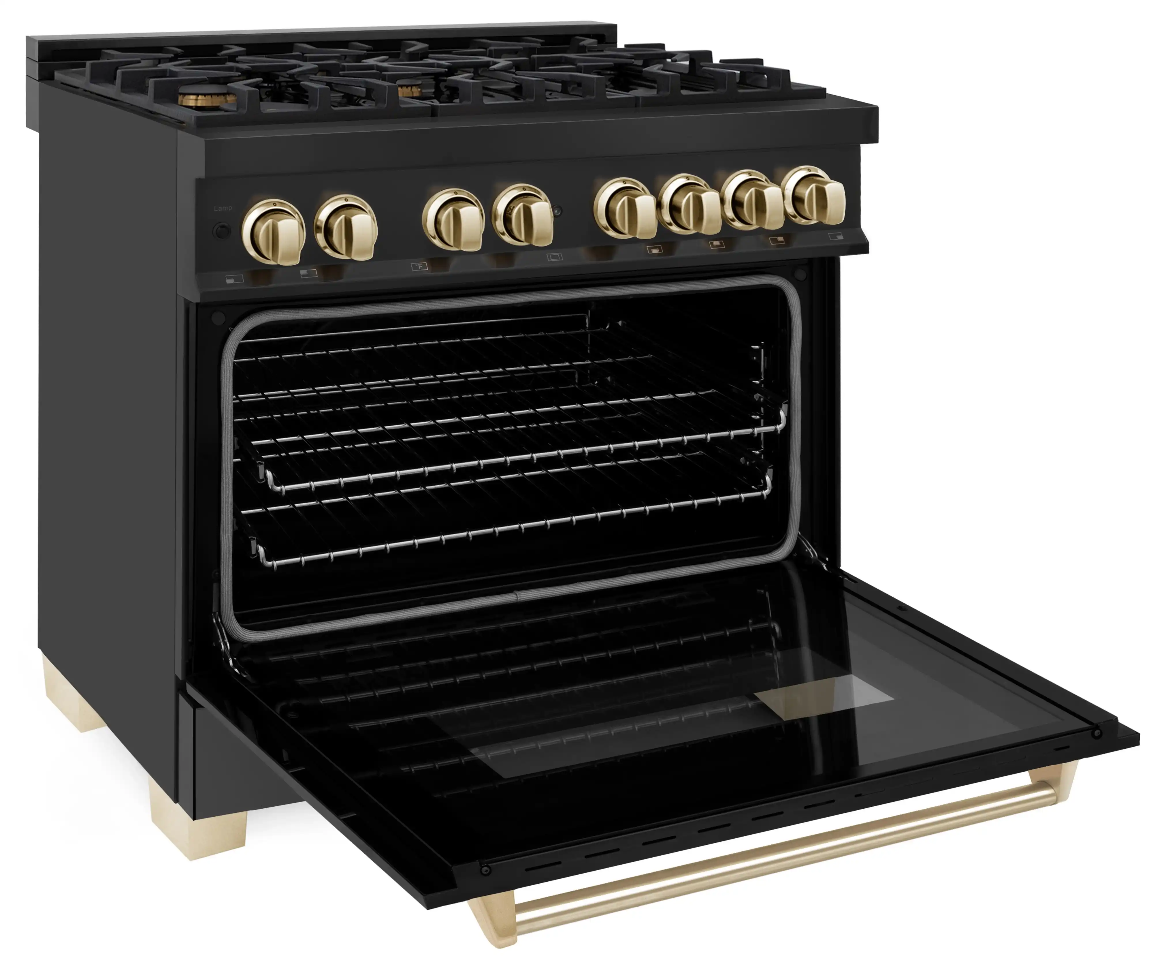 ZLINE 5-Piece Appliance Package - 36-Inch Legacy Dual Fuel Range, Wall Mount Range Hood, 36-Inch French Door Refrigerator with Water Dispenser, Dishwasher, and 30-Inch Microwave Drawer in Black Stainless Steel with Gold Accents - Image 10