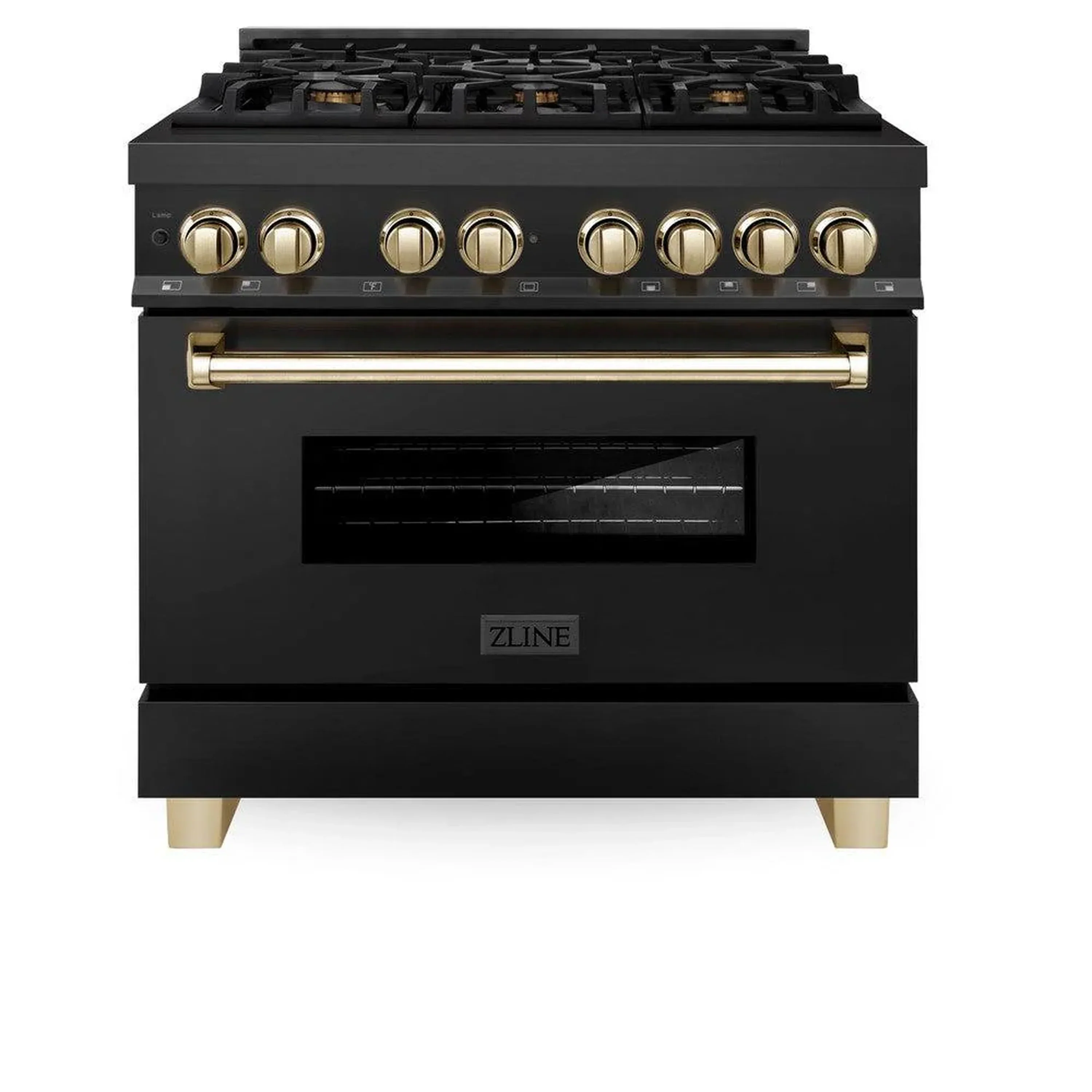 ZLINE 5-Piece Appliance Package - 36-Inch Legacy Dual Fuel Range, Wall Mount Range Hood, 36-Inch French Door Refrigerator with Water Dispenser, Dishwasher, and 30-Inch Microwave Drawer in Black Stainless Steel with Gold Accents - Image 2