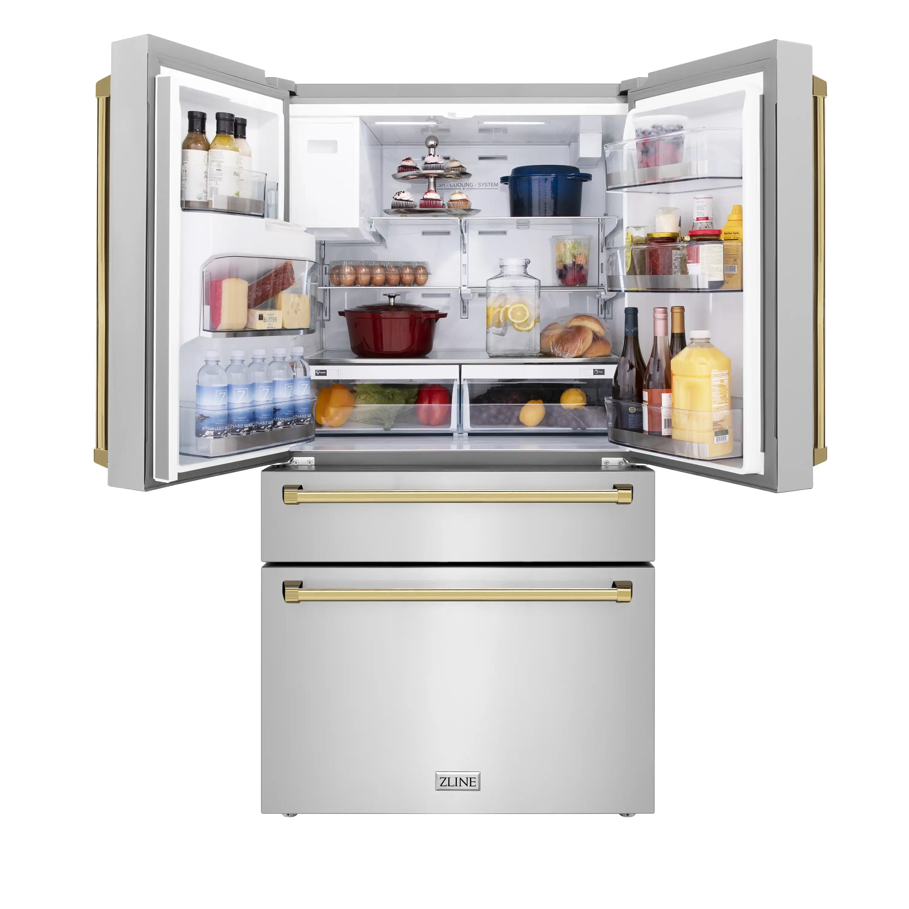 ZLINE 5-Piece Appliance Package - 36-Inch Legacy Autograph Dual Fuel Range, Wall Mount Range Hood, 36-Inch French Door Refrigerator with Water Dispenser, Dishwasher, and 30-Inch Microwave Drawer in Stainless Steel with Gold Accents - Image 32