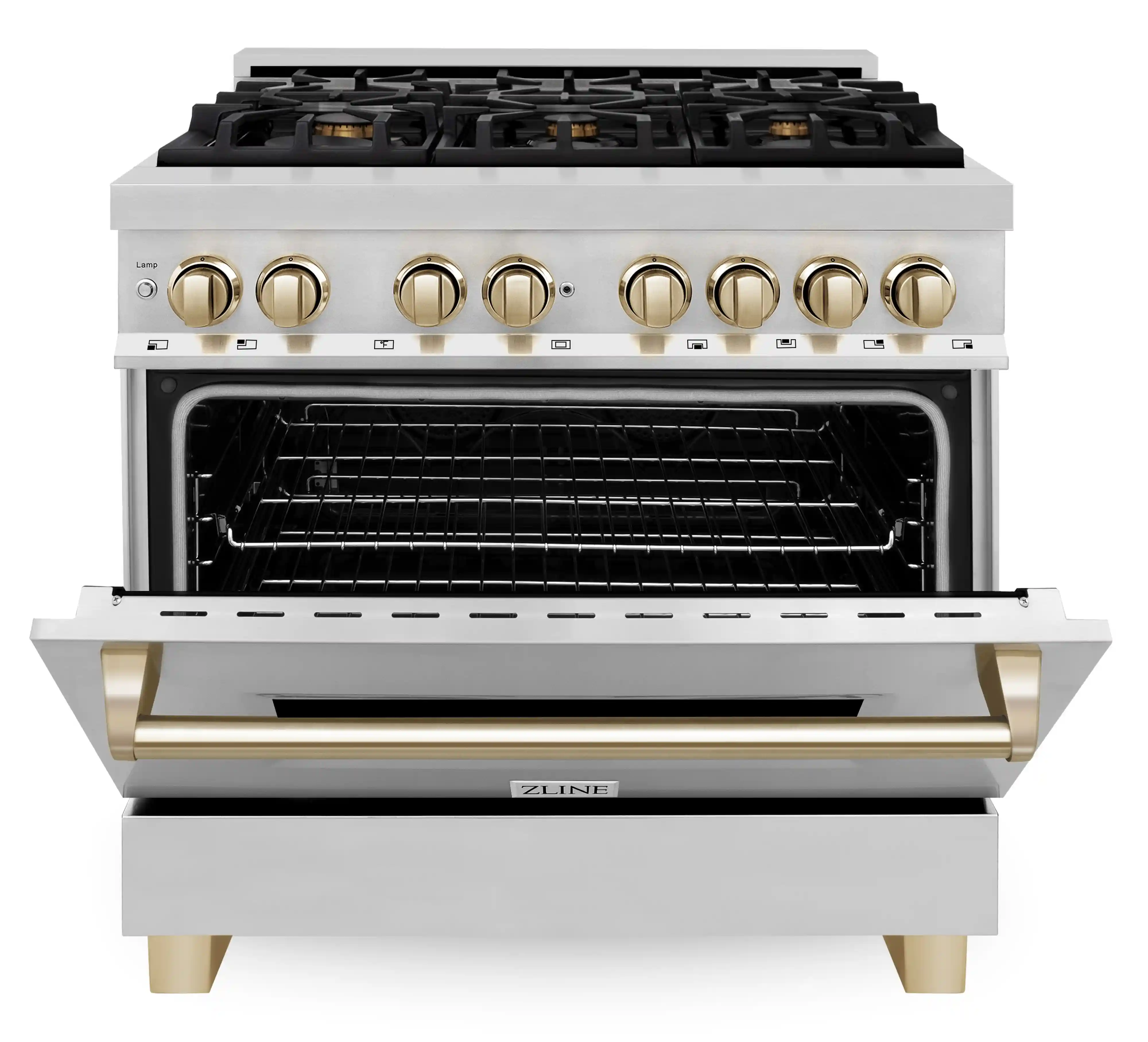 ZLINE 5-Piece Appliance Package - 36-Inch Legacy Autograph Dual Fuel Range, Wall Mount Range Hood, 36-Inch French Door Refrigerator with Water Dispenser, Dishwasher, and 30-Inch Microwave Drawer in Stainless Steel with Gold Accents - Image 6
