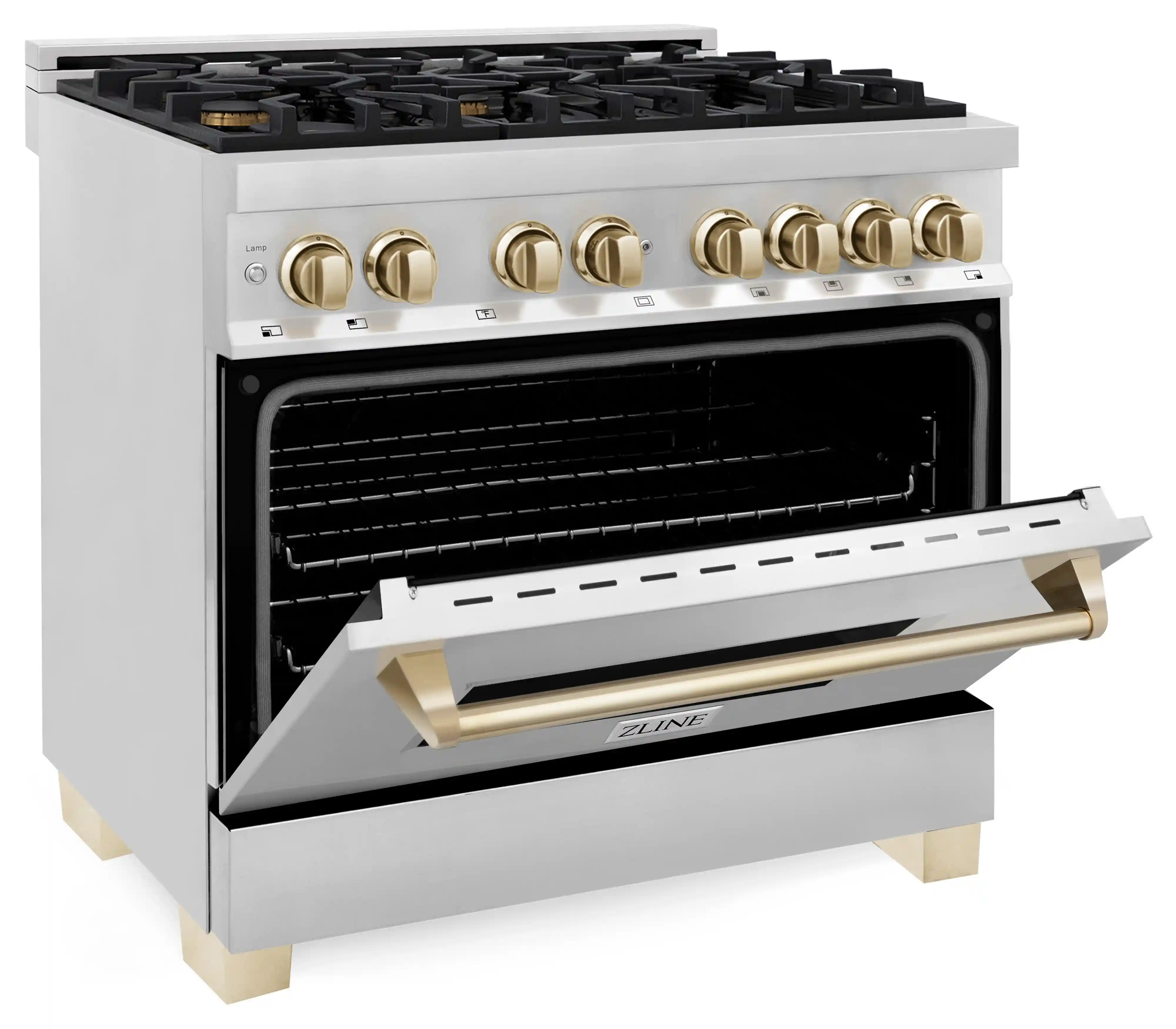 ZLINE 5-Piece Appliance Package - 36-Inch Legacy Autograph Dual Fuel Range, Wall Mount Range Hood, 36-Inch French Door Refrigerator with Water Dispenser, Dishwasher, and 30-Inch Microwave Drawer in Stainless Steel with Gold Accents - Image 9