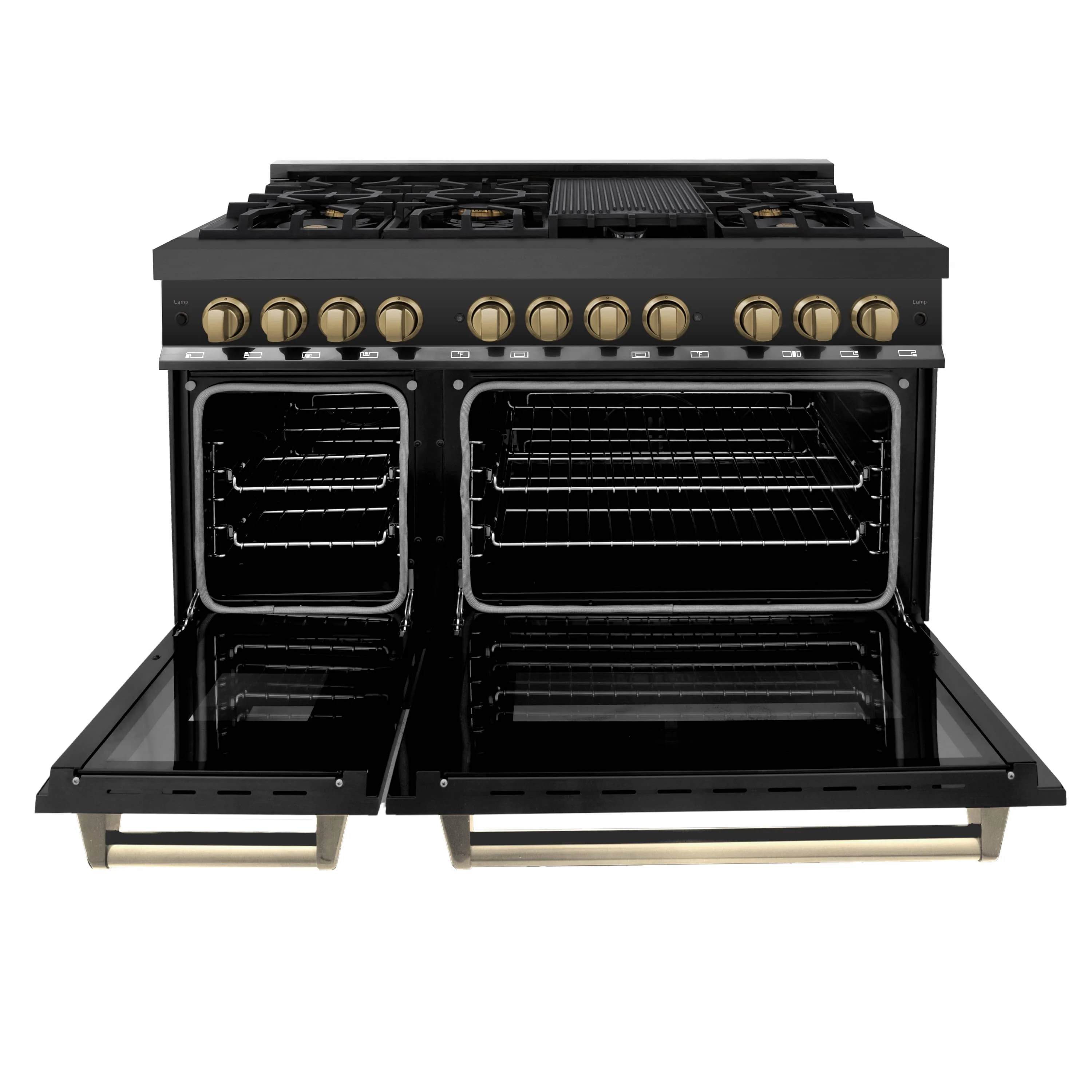 ZLINE 5-Piece Appliance Package - 48-Inch Legacy Dual Fuel Range, Wall Mount Range Hood, 36-Inch French Door Refrigerator, Dishwasher, and 30-Inch Microwave Drawer in Black Stainless Steel with Champagne Bronze Accents - Image 8