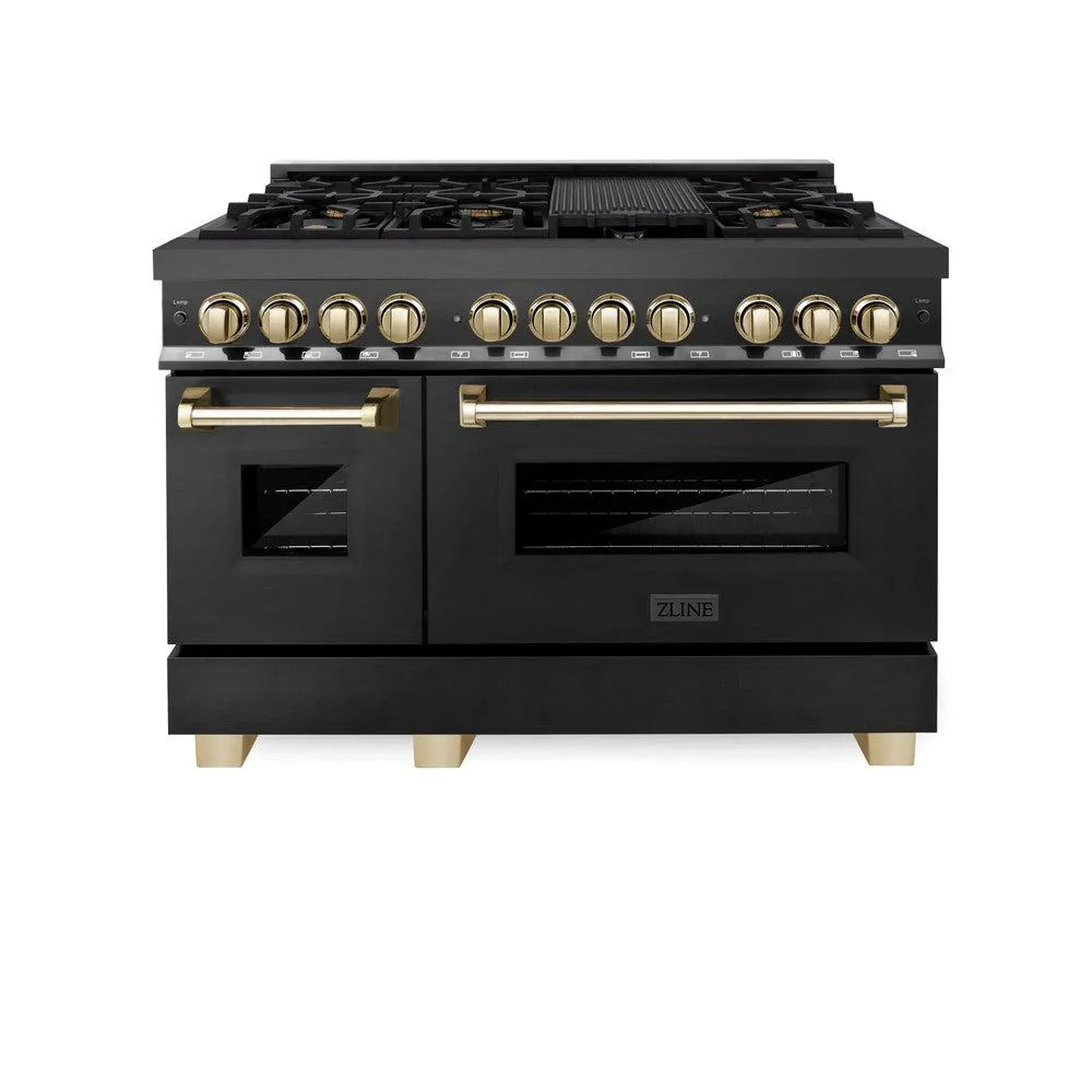 ZLINE 5-Piece Appliance Package - 48-Inch Legacy Dual Fuel Range, Wall Mount Range Hood, 36-Inch French Door Refrigerator, Dishwasher, and 30-Inch Microwave Drawer in Black Stainless Steel with Gold Accents - Image 2