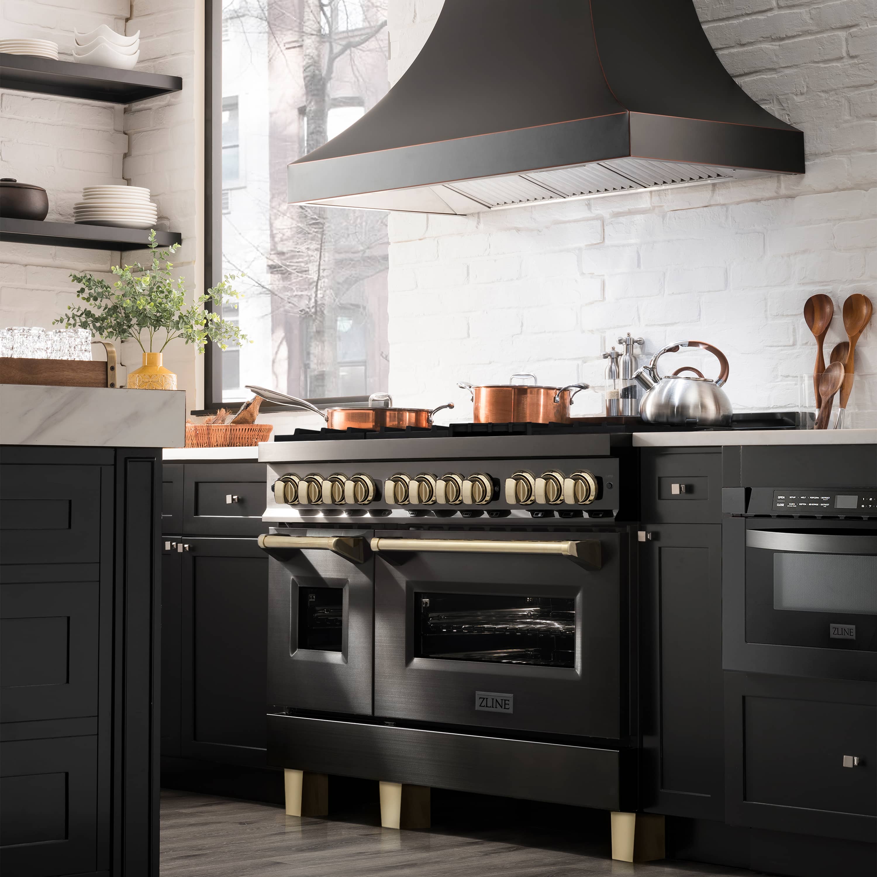 ZLINE 5-Piece Appliance Package - 48-Inch Legacy Dual Fuel Range, Wall Mount Range Hood, 36-Inch French Door Refrigerator, Dishwasher, and 30-Inch Microwave Drawer in Black Stainless Steel with Gold Accents - Image 3