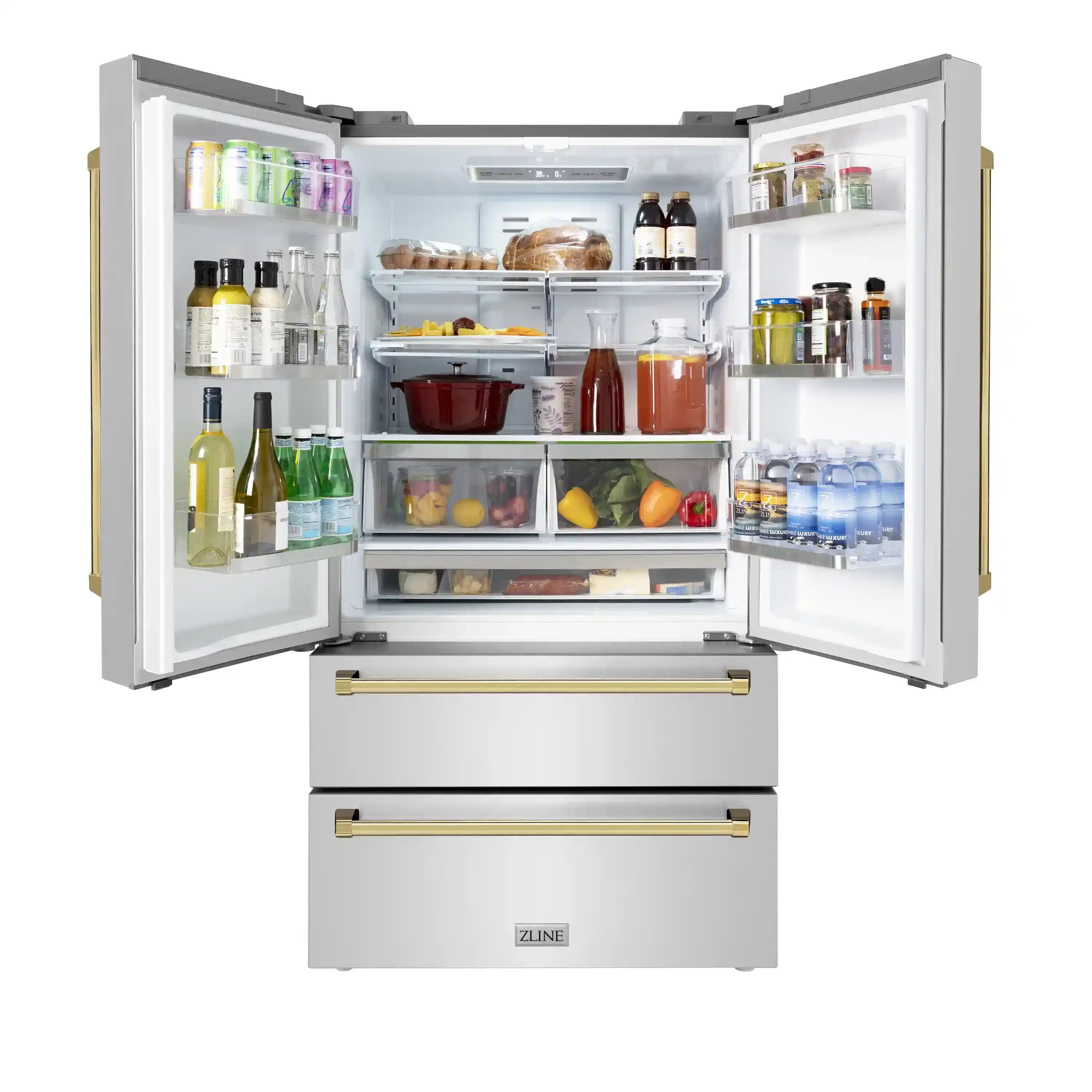 ZLINE 5-Piece Appliance Package - 48-Inch Legacy Autograph Dual Fuel Range, Wall Mount Range Hood, 36-Inch French Door Refrigerator, Dishwasher, and 30-Inch Microwave Drawer in Stainless Steel with Gold Accents - Image 32