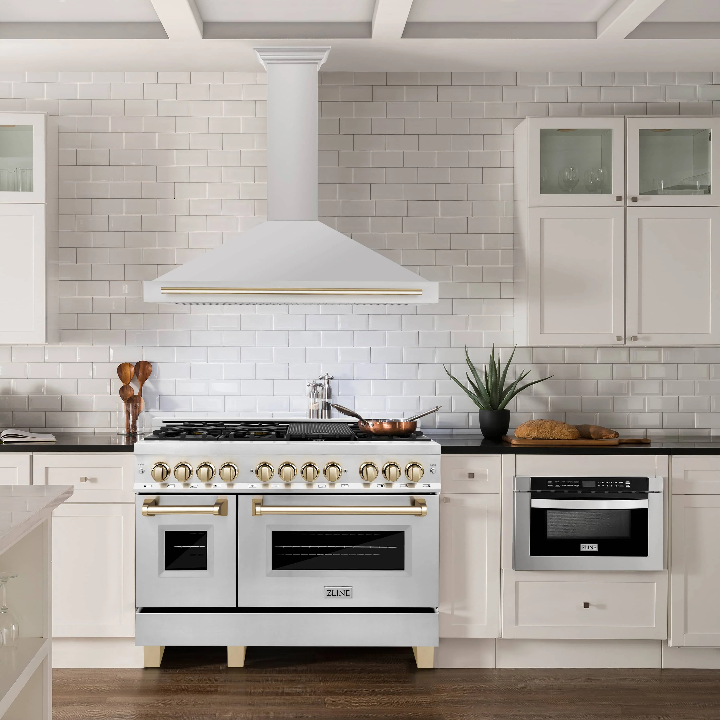 ZLINE 5-Piece Appliance Package - 48-Inch Legacy Autograph Dual Fuel Range, Wall Mount Range Hood, 36-Inch French Door Refrigerator, Dishwasher, and 30-Inch Microwave Drawer in Stainless Steel with Gold Accents - Image 24