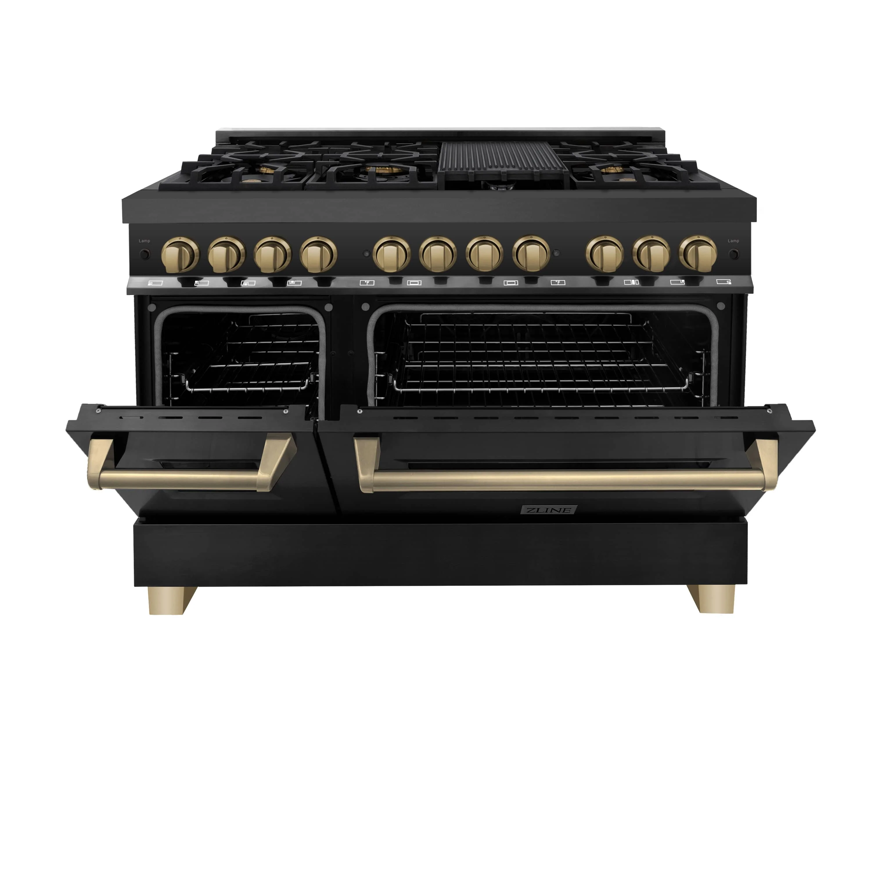 ZLINE 5-Piece Appliance Package - 48-Inch Legacy Dual Fuel Range, Wall Mount Range Hood, 36-Inch French Door Refrigerator with Water Dispenser, Dishwasher, and 30-Inch Microwave Drawer in Black Stainless Steel with Champagne Bronze Accents - Image 7