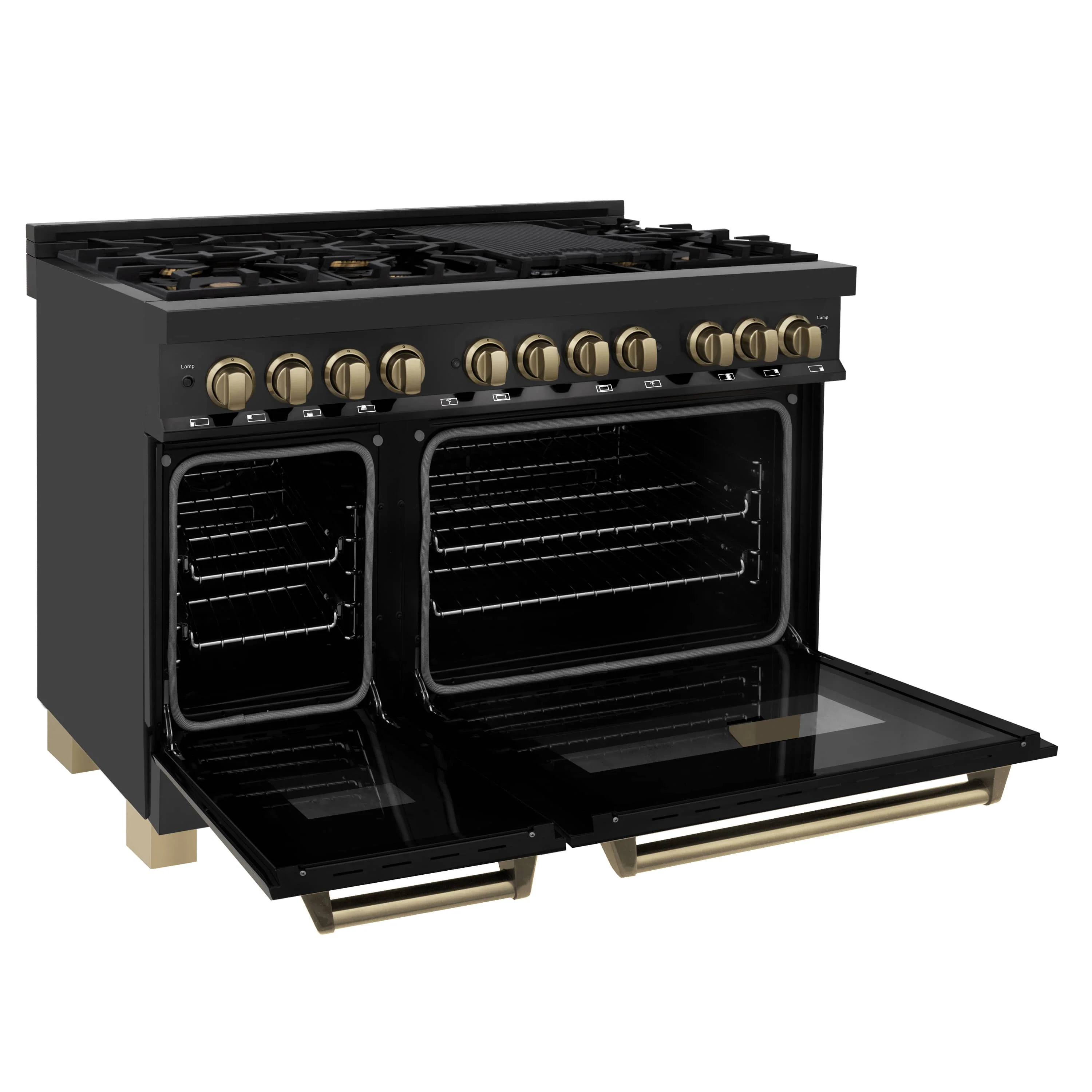 ZLINE 5-Piece Appliance Package - 48-Inch Legacy Dual Fuel Range, Wall Mount Range Hood, 36-Inch French Door Refrigerator with Water Dispenser, Dishwasher, and 30-Inch Microwave Drawer in Black Stainless Steel with Champagne Bronze Accents - Image 9