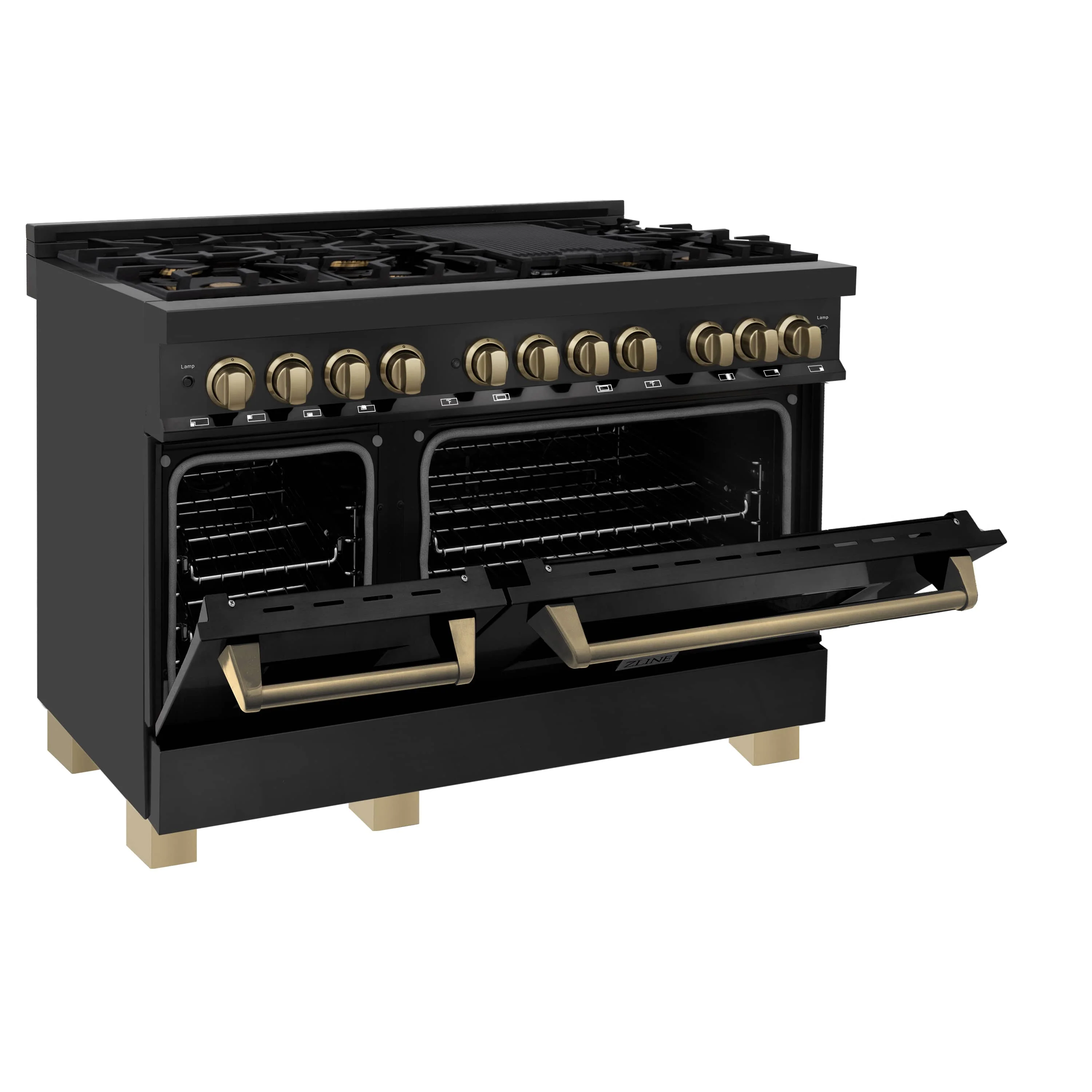 ZLINE 5-Piece Appliance Package - 48-Inch Legacy Dual Fuel Range, Wall Mount Range Hood, 36-Inch French Door Refrigerator with Water Dispenser, Dishwasher, and 30-Inch Microwave Drawer in Black Stainless Steel with Champagne Bronze Accents - Image 10