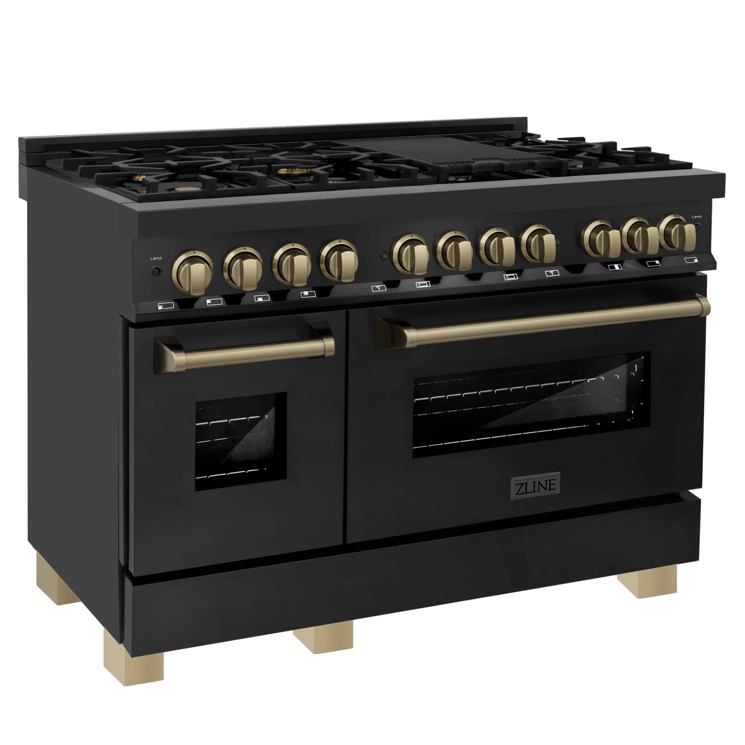 ZLINE 5-Piece Appliance Package - 48-Inch Legacy Dual Fuel Range, Wall Mount Range Hood, 36-Inch French Door Refrigerator with Water Dispenser, Dishwasher, and 30-Inch Microwave Drawer in Black Stainless Steel with Champagne Bronze Accents - Image 6