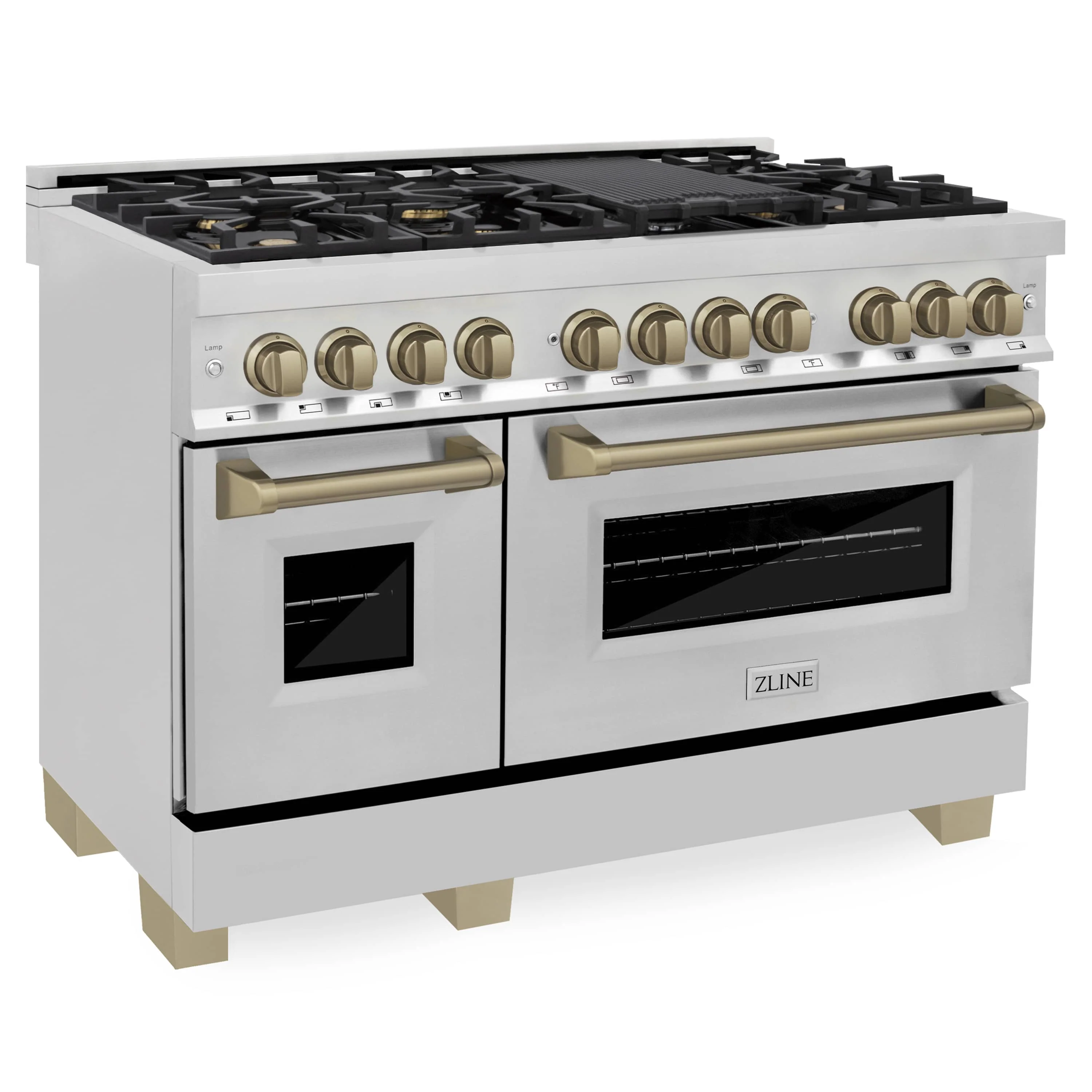 ZLINE 5-Piece Appliance Package - 48-Inch Legacy Autograph Dual Fuel Range, Wall Mount Range Hood, 36-Inch French Door Refrigerator with Water Dispenser, Dishwasher, and 30-Inch Microwave Drawer in Stainless Steel with Champagne Bronze Accents - Image 4