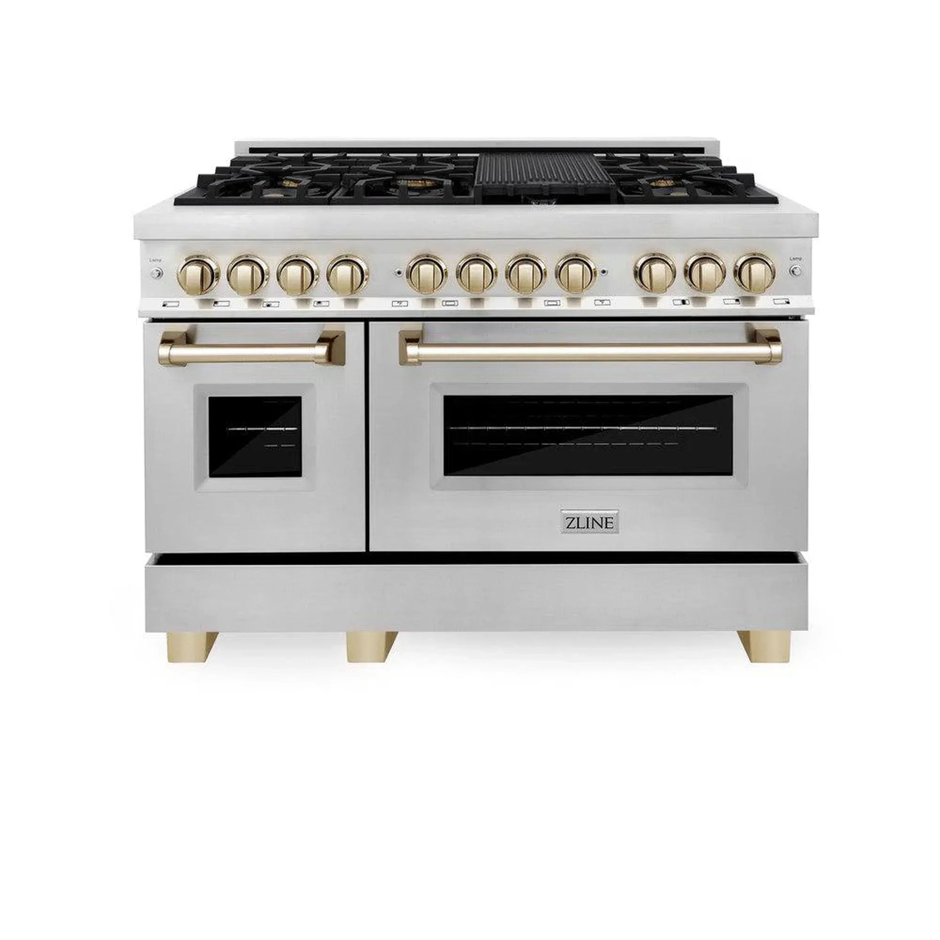 ZLINE 5-Piece Appliance Package - 48-Inch Legacy Autograph Dual Fuel Range, Wall Mount Range Hood, 36-Inch French Door Refrigerator with Water Dispenser, Dishwasher, and 30-Inch Microwave Drawer in Stainless Steel with Gold Accents - Image 2