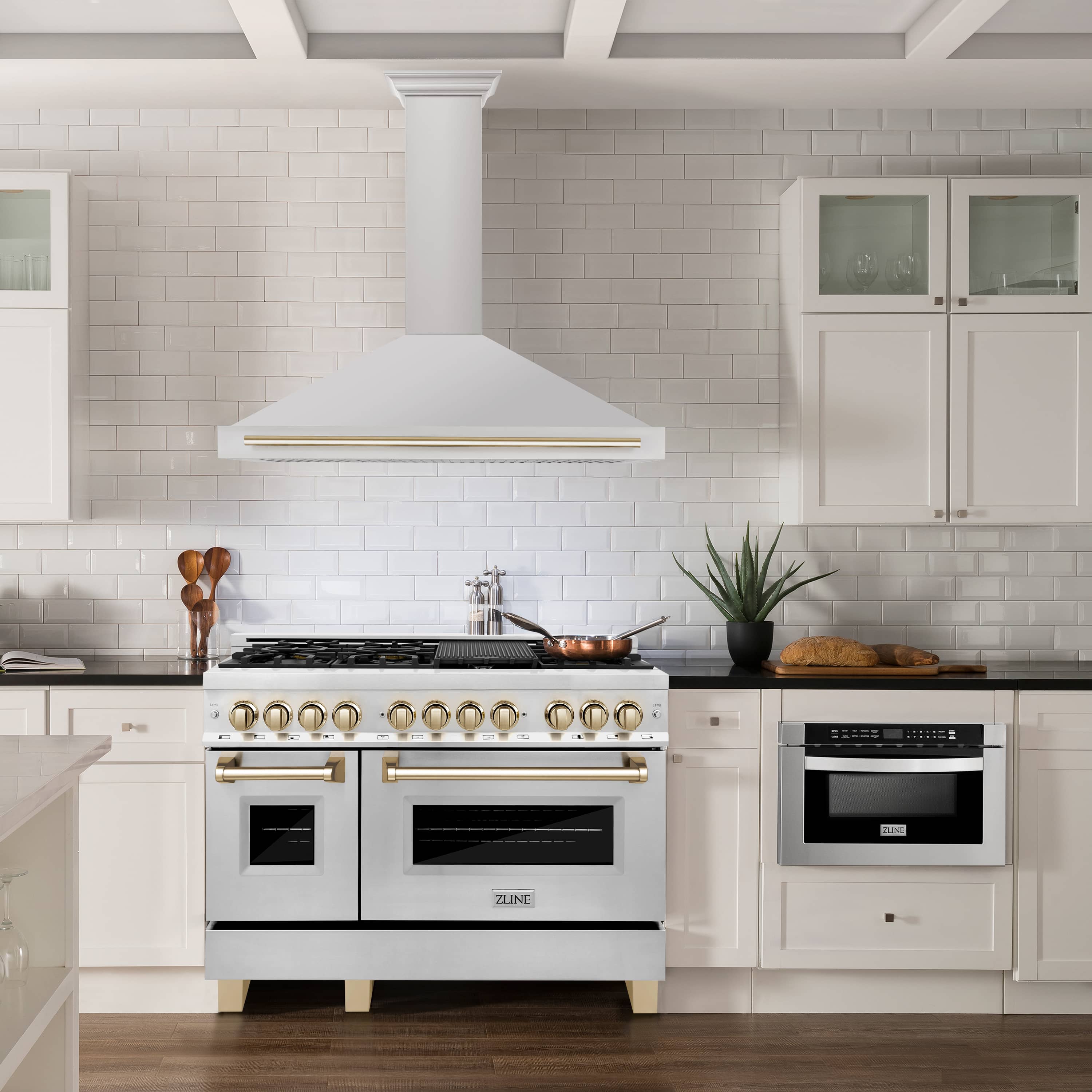ZLINE 5-Piece Appliance Package - 48-Inch Legacy Autograph Dual Fuel Range, Wall Mount Range Hood, 36-Inch French Door Refrigerator with Water Dispenser, Dishwasher, and 30-Inch Microwave Drawer in Stainless Steel with Gold Accents - Image 24