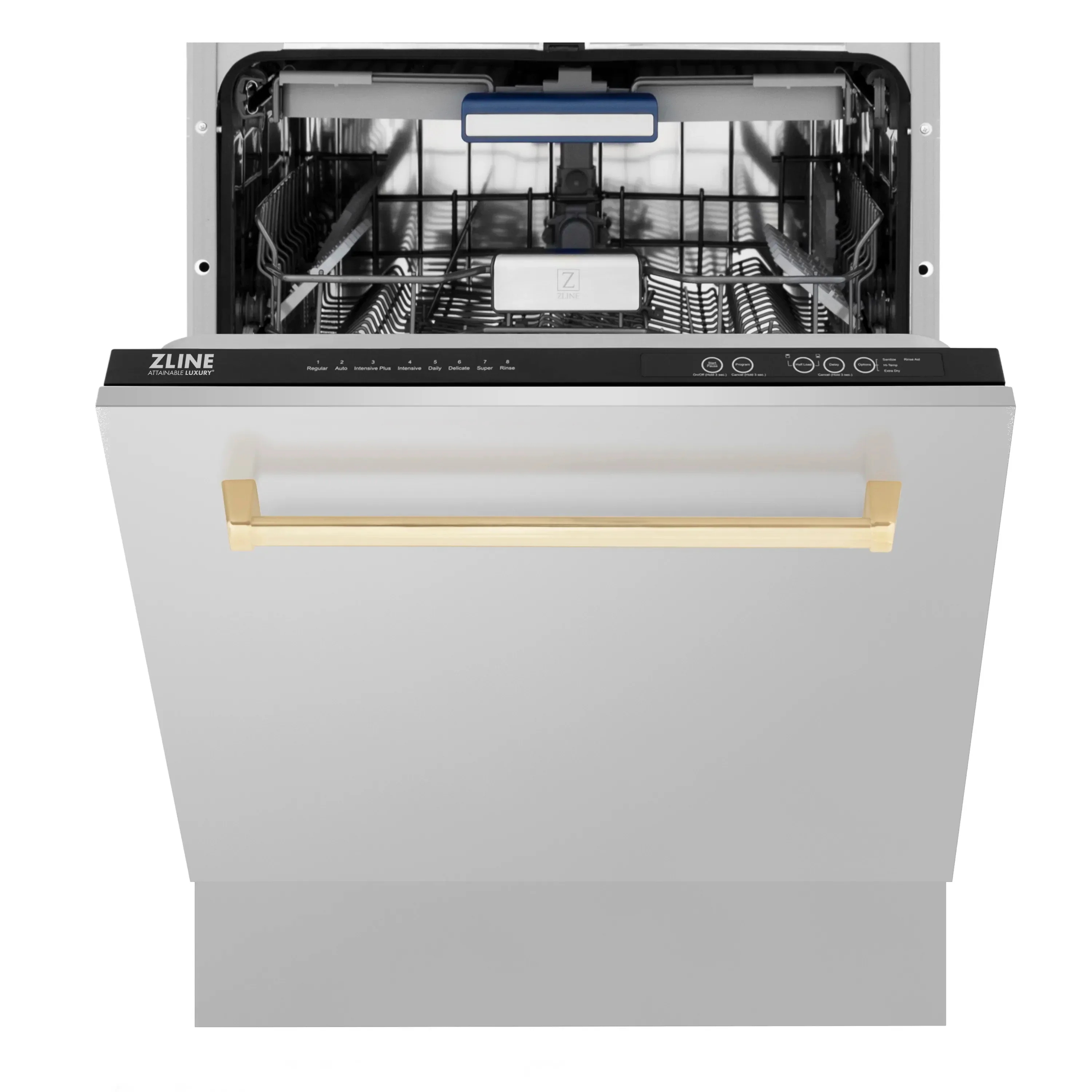 ZLINE 5-Piece Appliance Package - 48-Inch Legacy Autograph Dual Fuel Range, Wall Mount Range Hood, 36-Inch French Door Refrigerator with Water Dispenser, Dishwasher, and 30-Inch Microwave Drawer in Stainless Steel with Gold Accents - Image 46