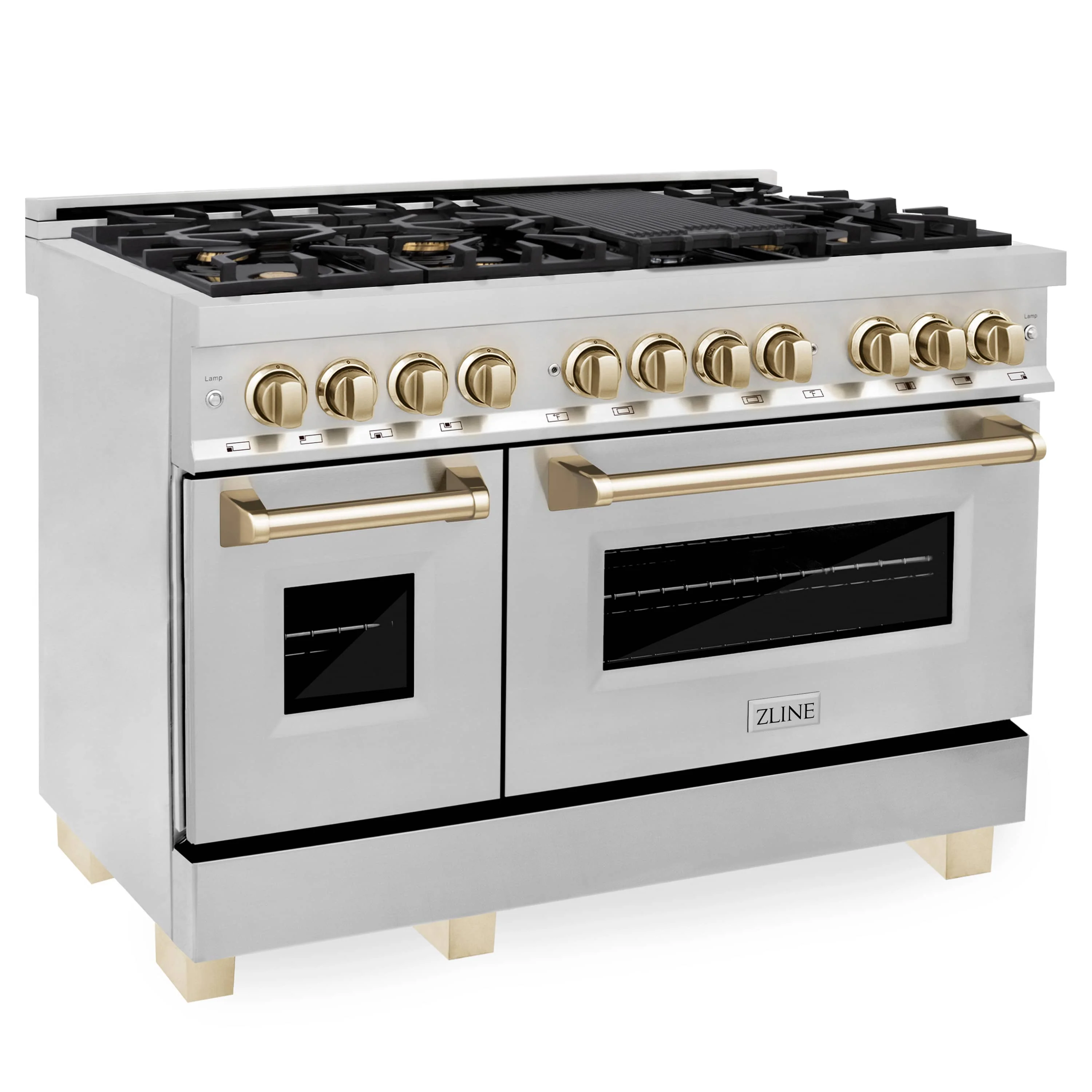 ZLINE 5-Piece Appliance Package - 48-Inch Legacy Autograph Dual Fuel Range, Wall Mount Range Hood, 36-Inch French Door Refrigerator with Water Dispenser, Dishwasher, and 30-Inch Microwave Drawer in Stainless Steel with Gold Accents - Image 6