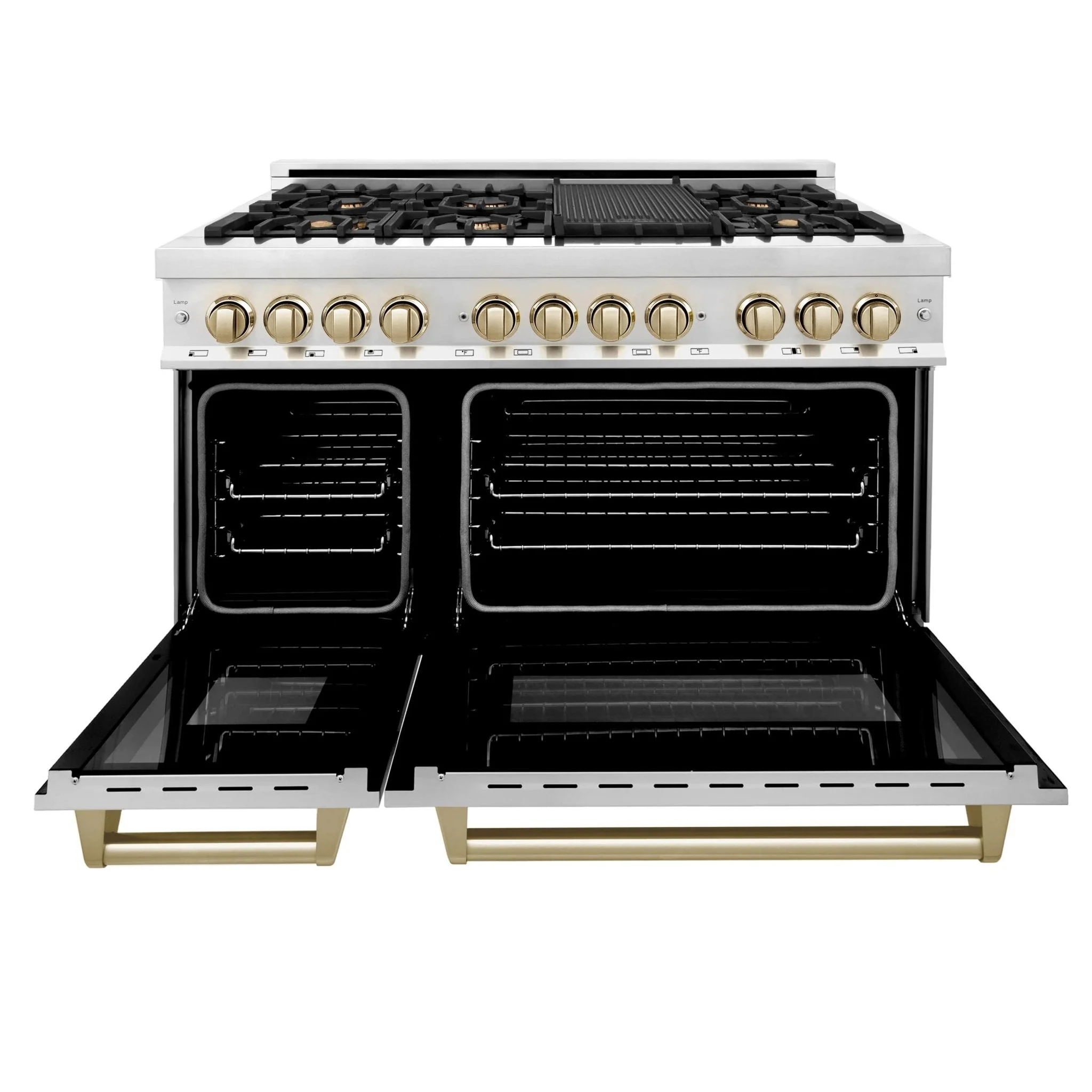 ZLINE 5-Piece Appliance Package - 48-Inch Legacy Autograph Dual Fuel Range, Wall Mount Range Hood, 36-Inch French Door Refrigerator with Water Dispenser, Dishwasher, and 30-Inch Microwave Drawer in Stainless Steel with Gold Accents - Image 8