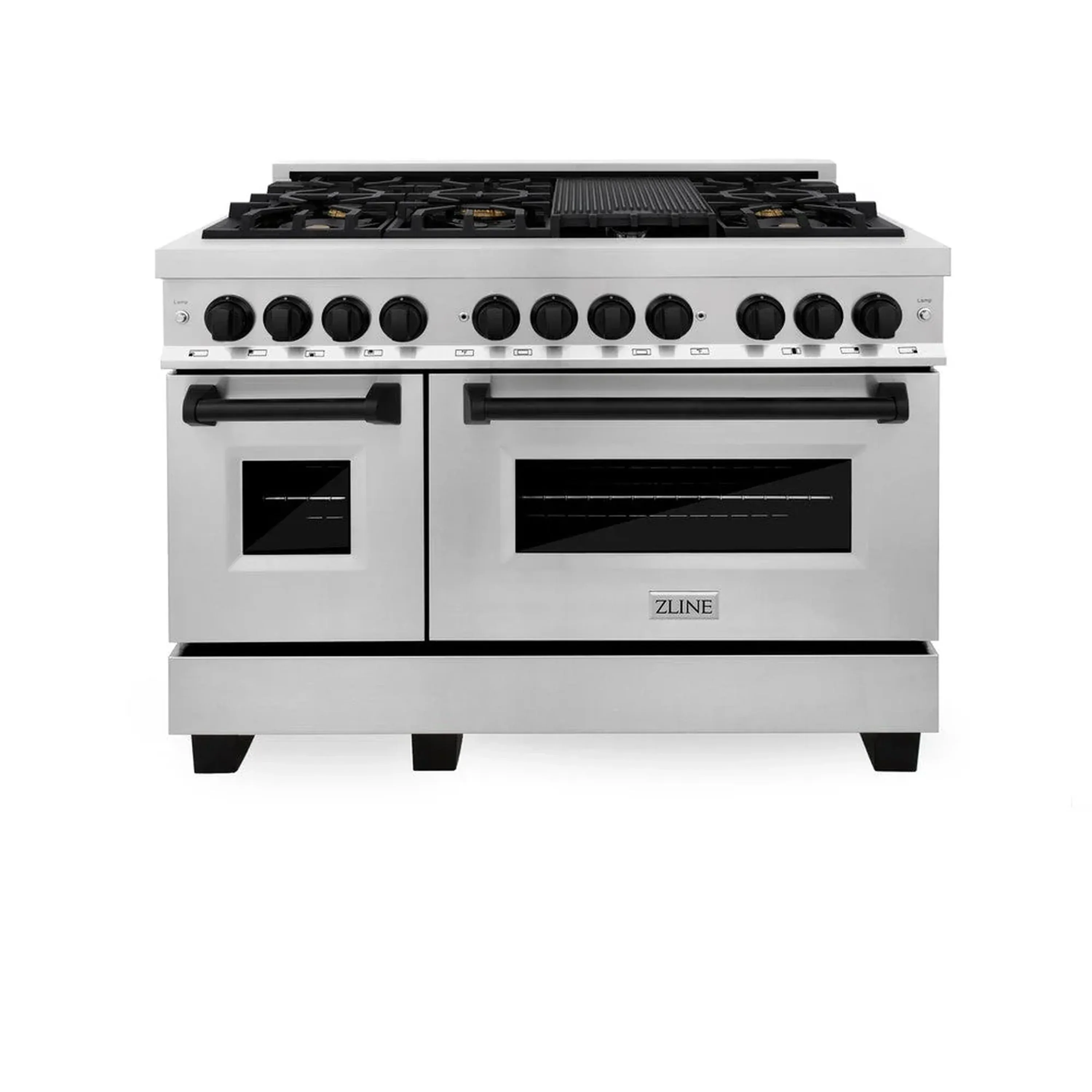 ZLINE 5-Piece Appliance Package - 48-Inch Legacy Autograph Dual Fuel Range, Wall Mount Range Hood, 36-Inch French Door Refrigerator with Water Dispenser, Dishwasher, and 30-Inch Microwave Drawer in Stainless Steel with Matte Black Accents - Image 2