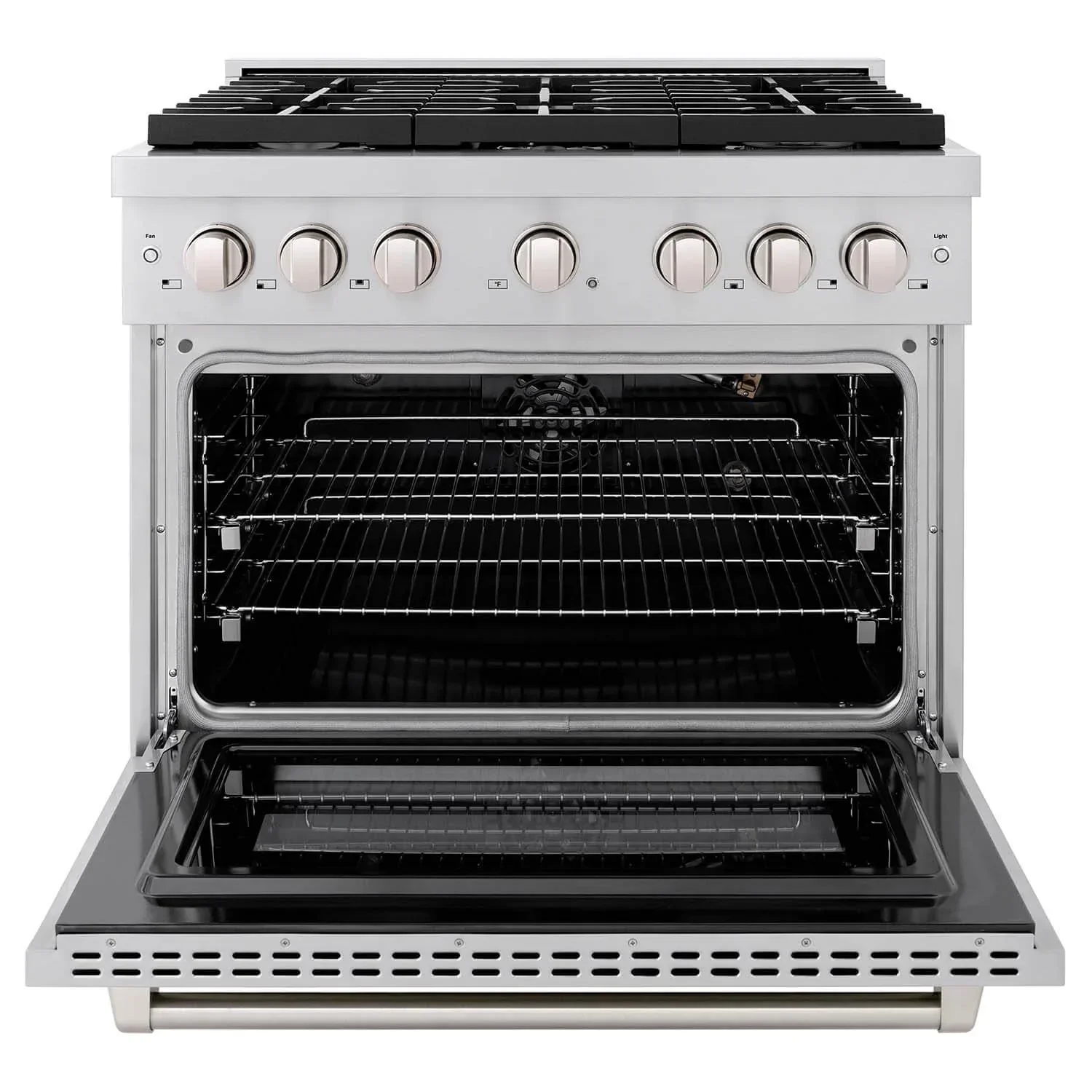 ZLINE 5-Piece Appliance Package - 36-Inch Paramount Gas Range, Wall Mount Range Hood, 36-Inch French Door Refrigerator, Dishwasher, and 30-Inch Microwave Drawer in Stainless Steel - Image 4