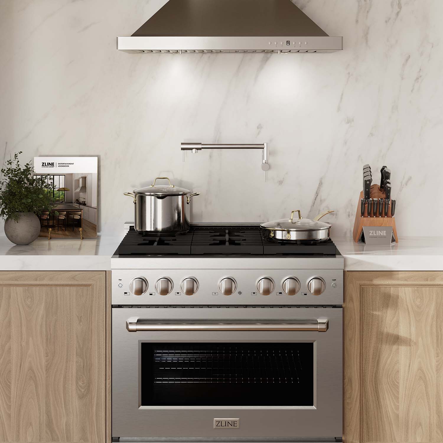 ZLINE 5-Piece Appliance Package - 36-Inch Paramount Gas Range, Wall Mount Range Hood, 36-Inch French Door Refrigerator with Water Dispenser, Dishwasher, and 30-Inch Microwave Drawer in Stainless Steel - Image 3