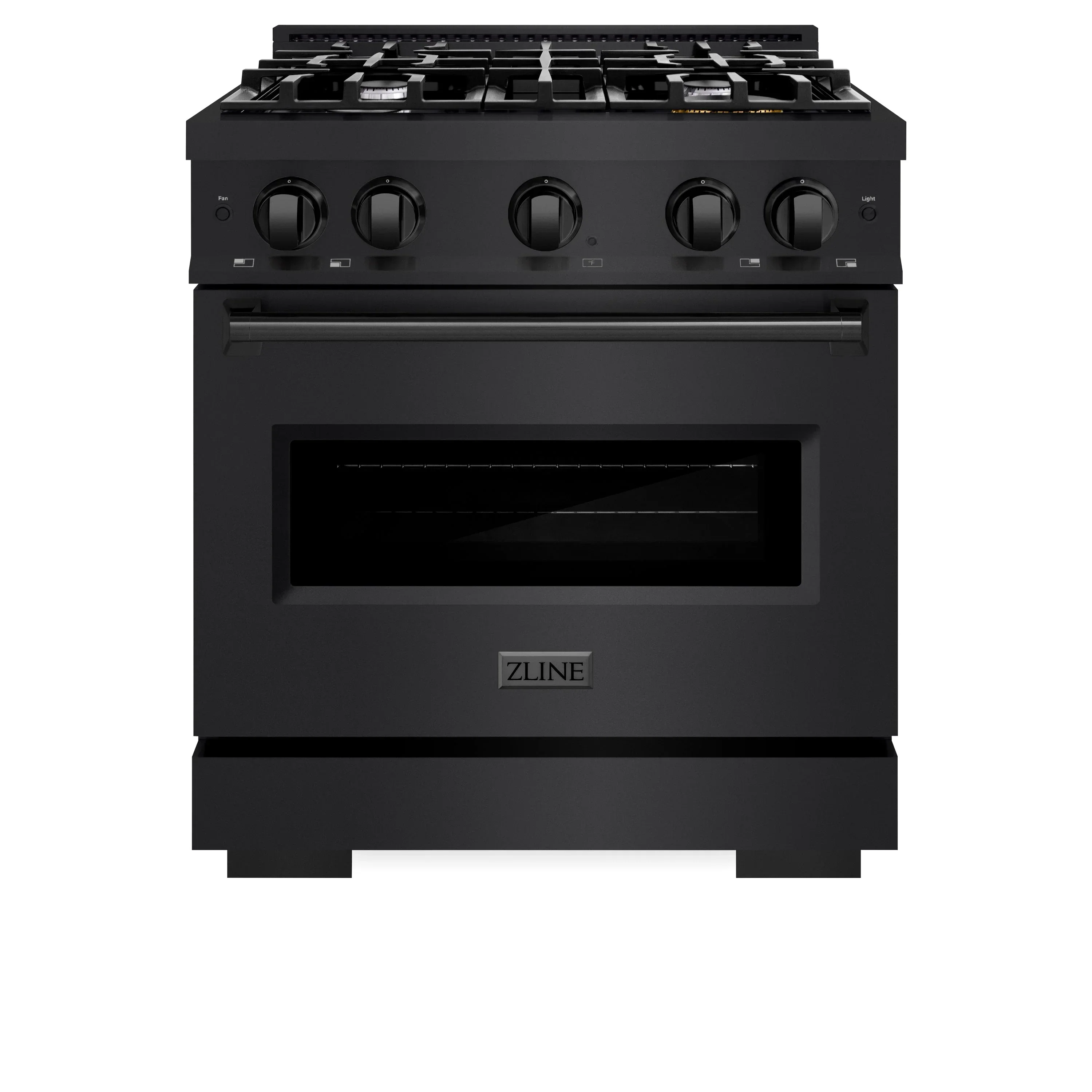 ZLINE 5-Piece Appliance Package - 30-Inch Gas Range, Hood, Refrigerator, Dishwasher, and Microwave Drawer in Black Stainless Steel - Image 2