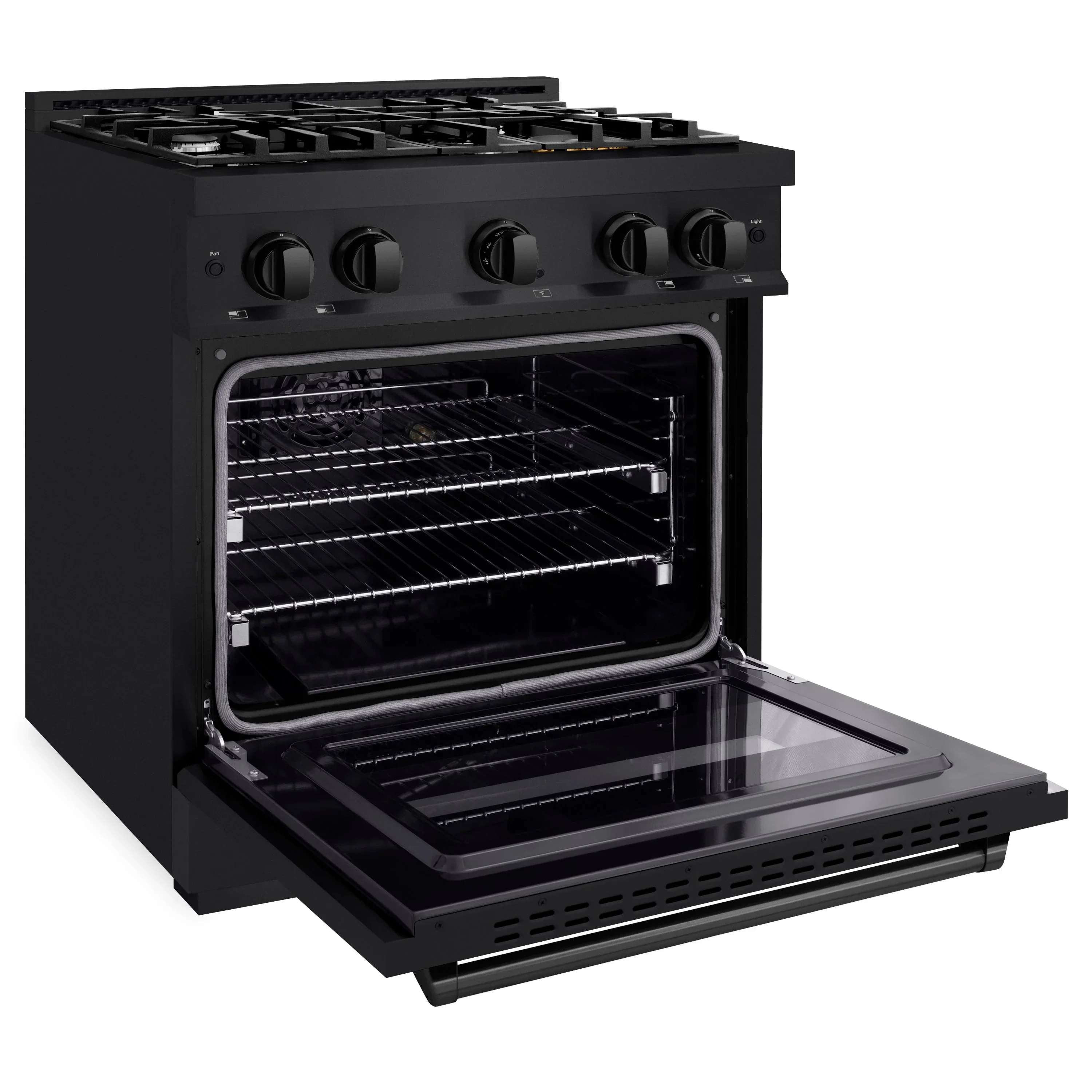ZLINE 5-Piece Appliance Package - 30-Inch Gas Range, Hood, Refrigerator, Dishwasher, and Microwave Drawer in Black Stainless Steel - Image 5