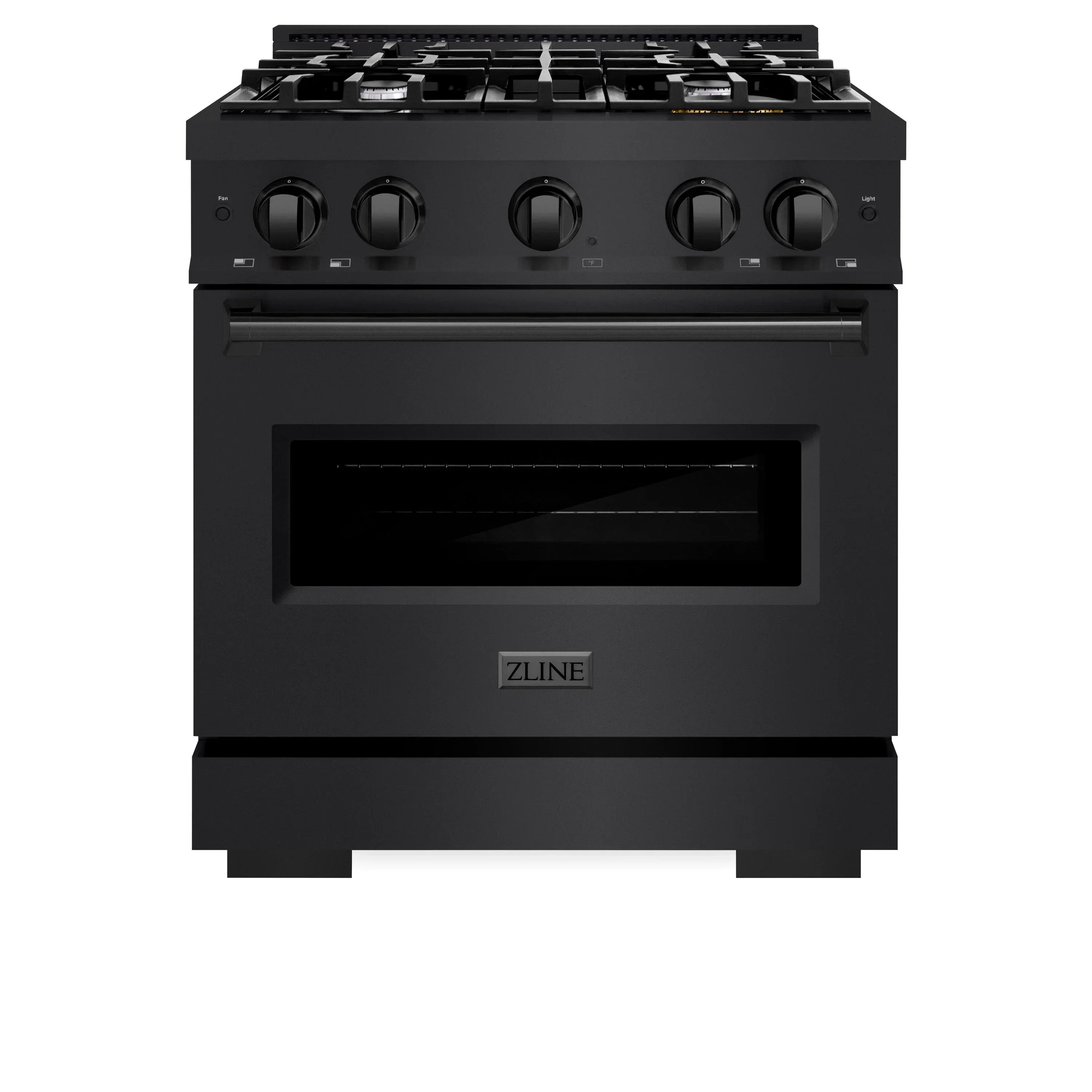 ZLINE 5-Piece Appliance Package - 30-Inch Gas Range, Hood, Refrigerator with Water Dispenser, Dishwasher, and Microwave Drawer in Black Stainless Steel - Image 2