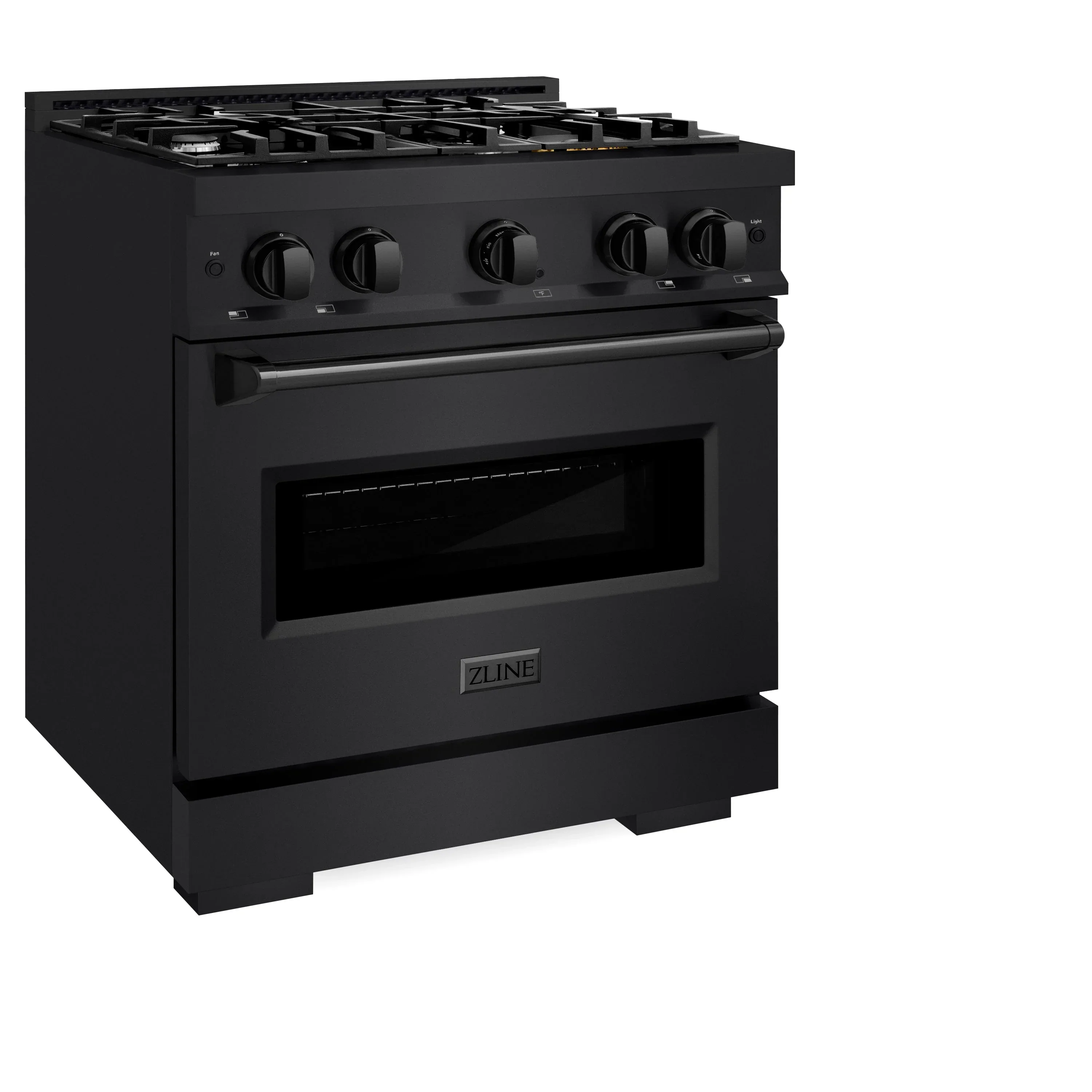 ZLINE 5-Piece Appliance Package - 30-Inch Gas Range, Hood, Refrigerator with Water Dispenser, Dishwasher, and Microwave Drawer in Black Stainless Steel - Image 3