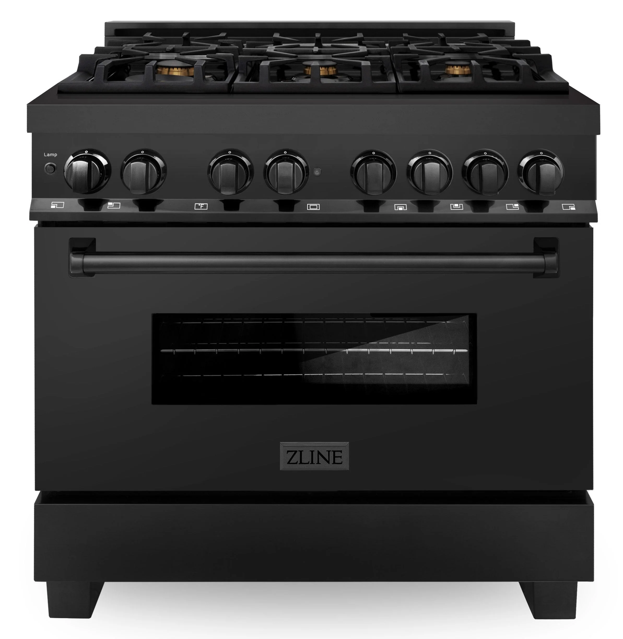 ZLINE 5-Piece Appliance Package - 36-Inch Dual Fuel Range, Refrigerator, Convertible Wall Mount Hood, Microwave Oven, and 3-Rack Dishwasher in Black Stainless Steel - Image 2