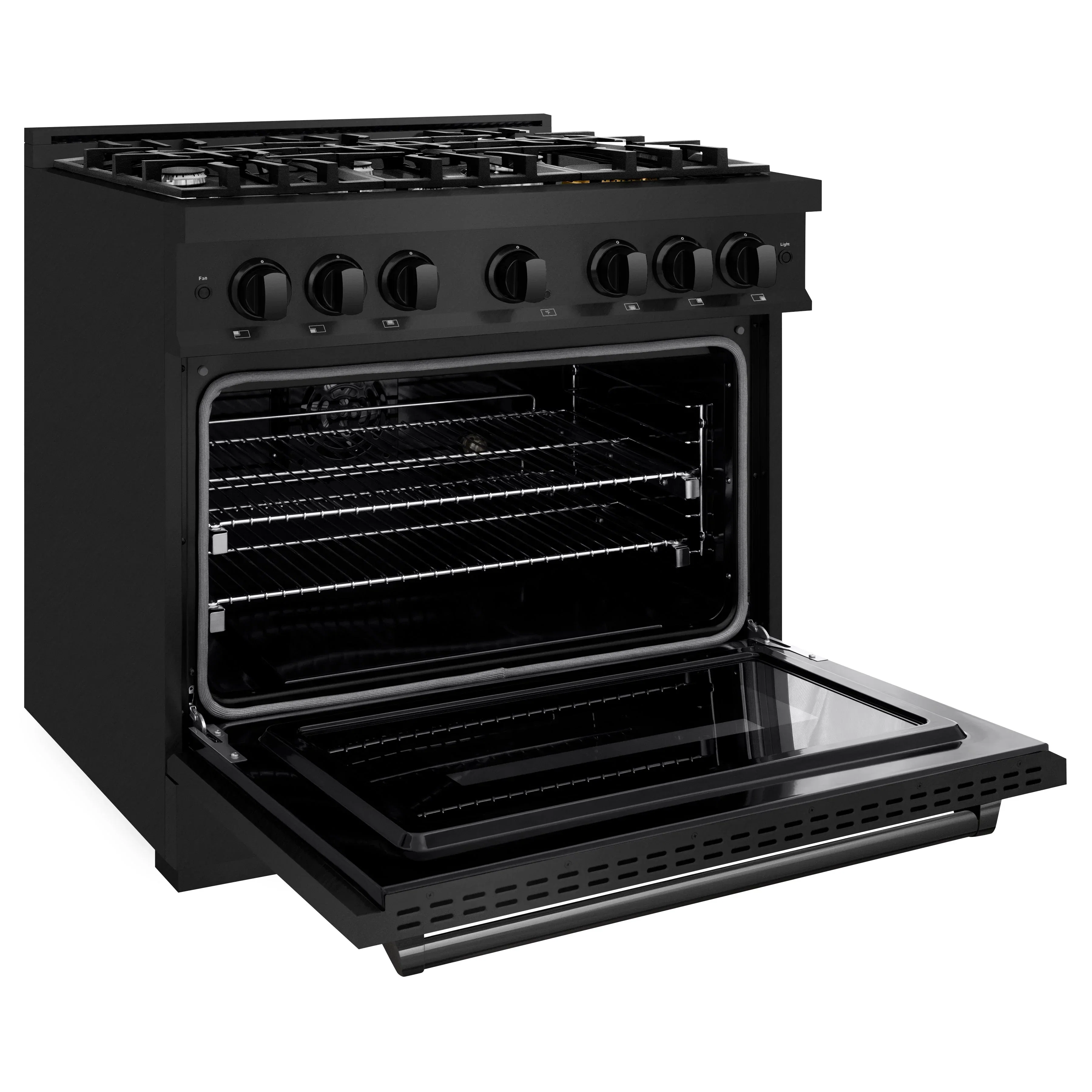 ZLINE 5-Piece Appliance Package - 36-Inch Dual Fuel Range, Hood, Refrigerator, Dishwasher, and Microwave Drawer in Black Stainless Steel - Image 5