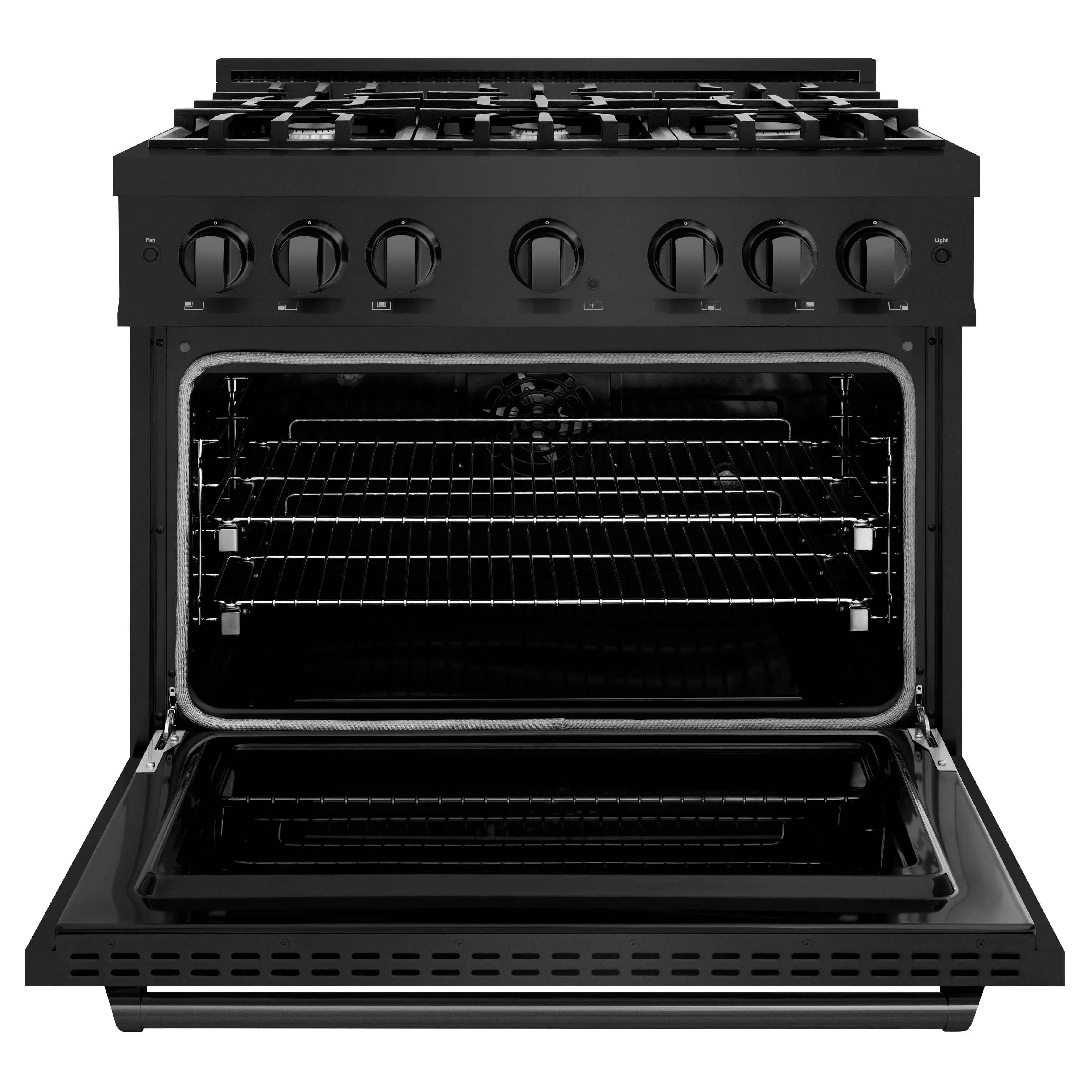 ZLINE 5-Piece Appliance Package - 36-Inch Dual Fuel Range, Hood, Refrigerator with Water Dispenser, Dishwasher, and Microwave Drawer in Black Stainless Steel - Image 4