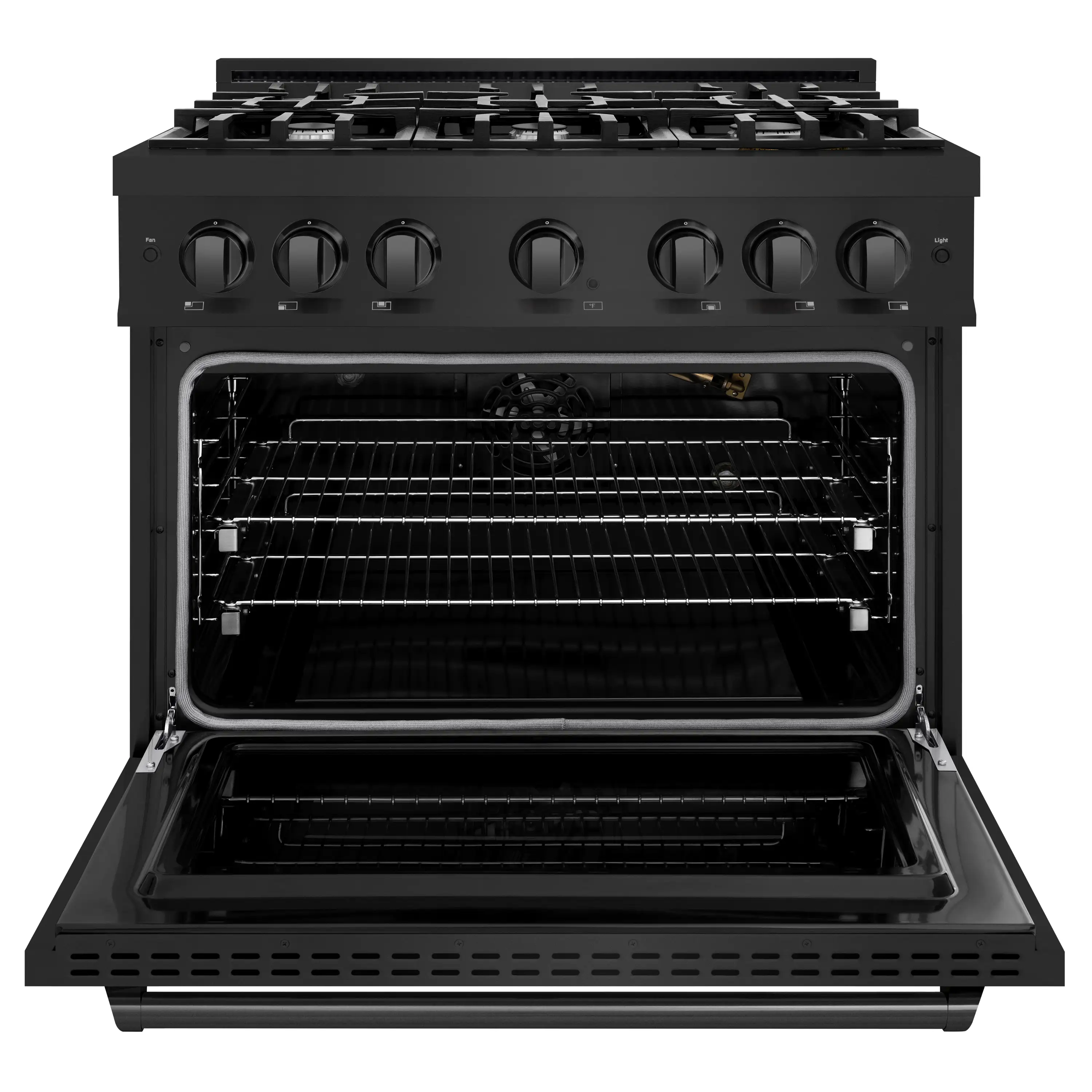 ZLINE 5-Piece Appliance Package - 36-Inch Gas Range, Hood, Refrigerator with Water Dispenser, Dishwasher, and Microwave Drawer in Black Stainless Steel - Image 4