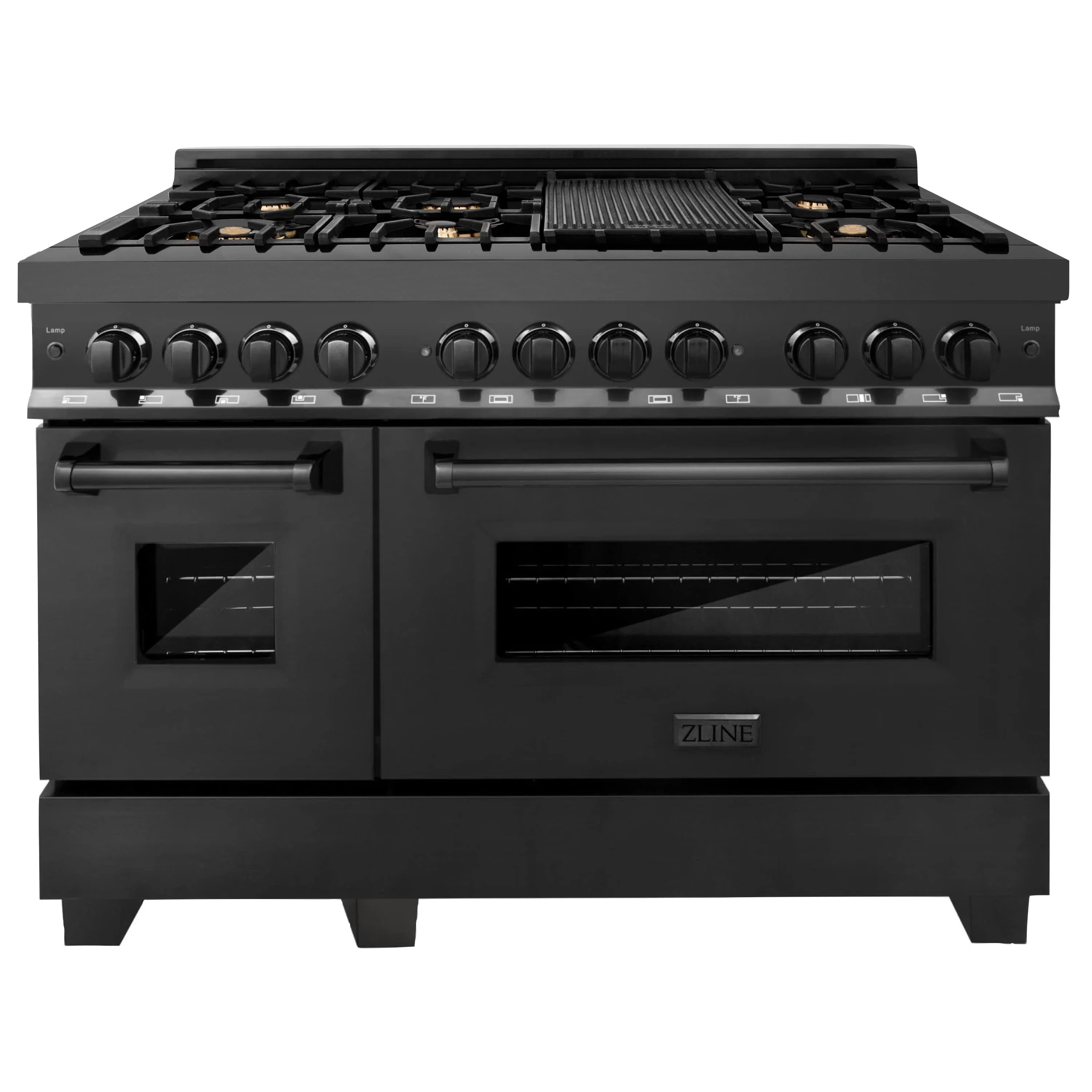 ZLINE 5-Piece Appliance Package - 48-Inch Dual Fuel Range, Refrigerator, Convertible Wall Mount Hood, Microwave Oven, and 3-Rack Dishwasher in Black Stainless Steel - Image 2