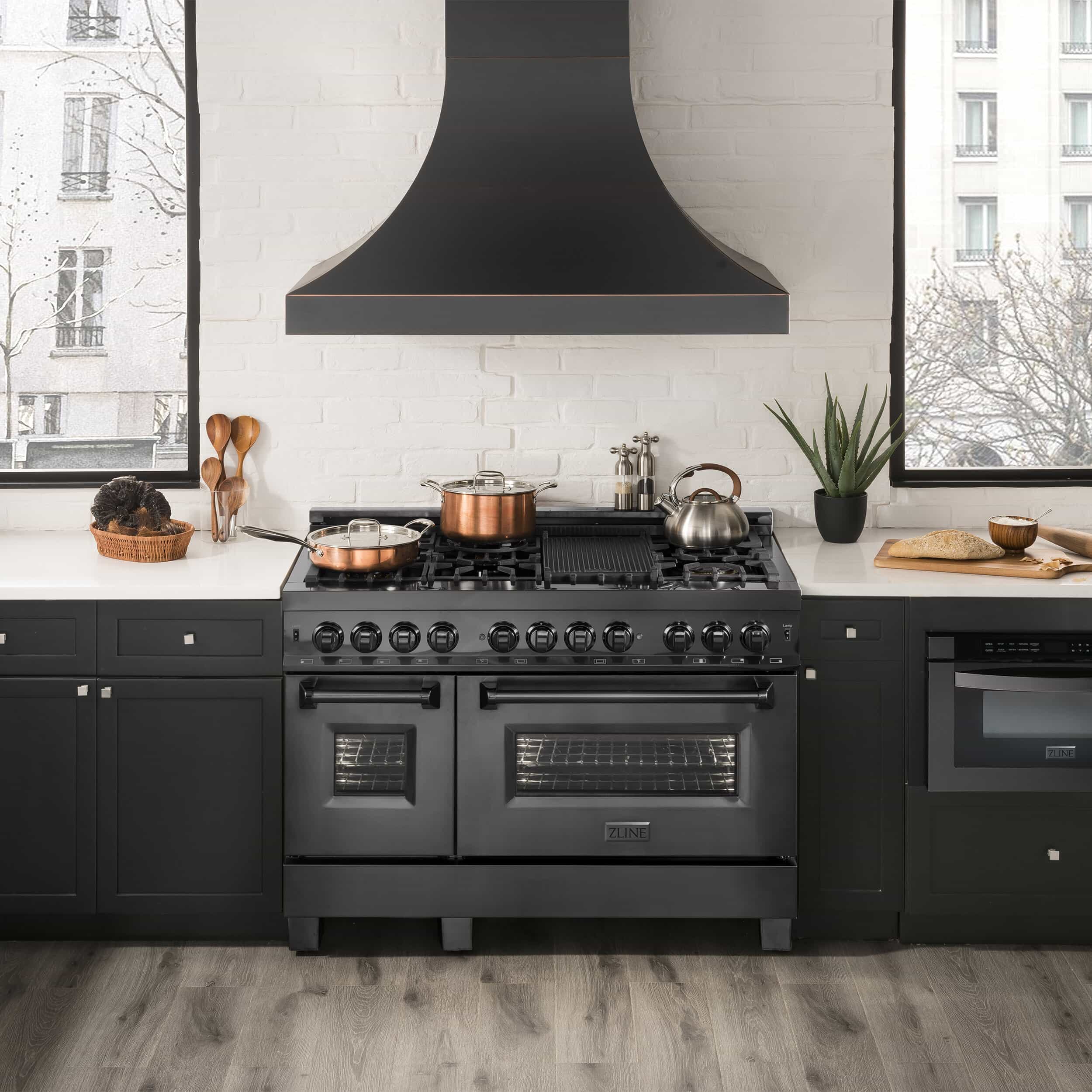ZLINE 5-Piece Appliance Package - 48-Inch Dual Fuel Range, Refrigerator with Water Dispenser, Convertible Wall Mount Hood, Microwave Drawer, and 3-Rack Dishwasher in Black Stainless Steel - Image 4