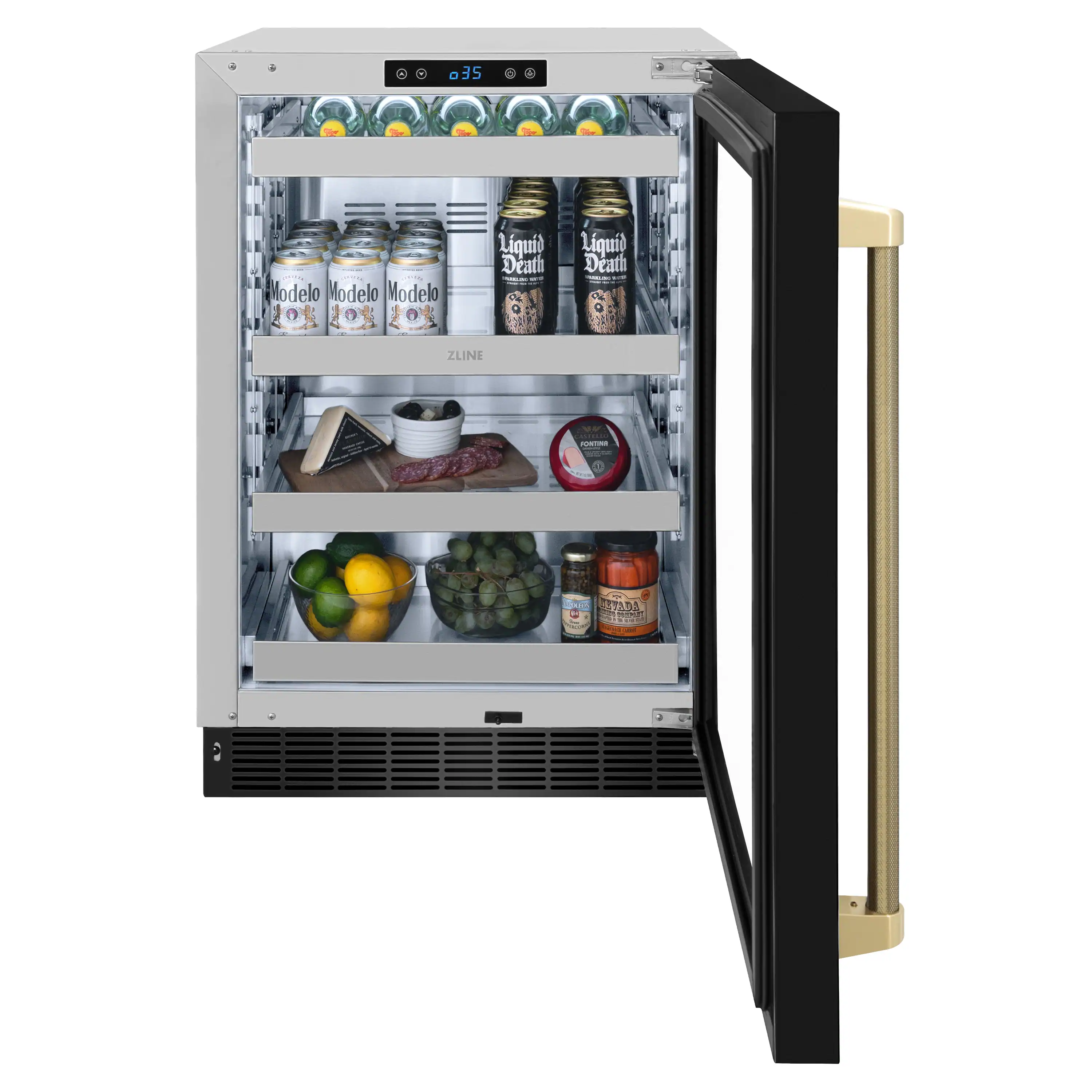 ZLINE Autograph Edition 24-Inch Touchstone 151 Can Beverage Fridge with Black Stainless Steel Glass Door and Champagne Bronze Helix Handle (RBSOZ-BS-24-KCB) - Image 7