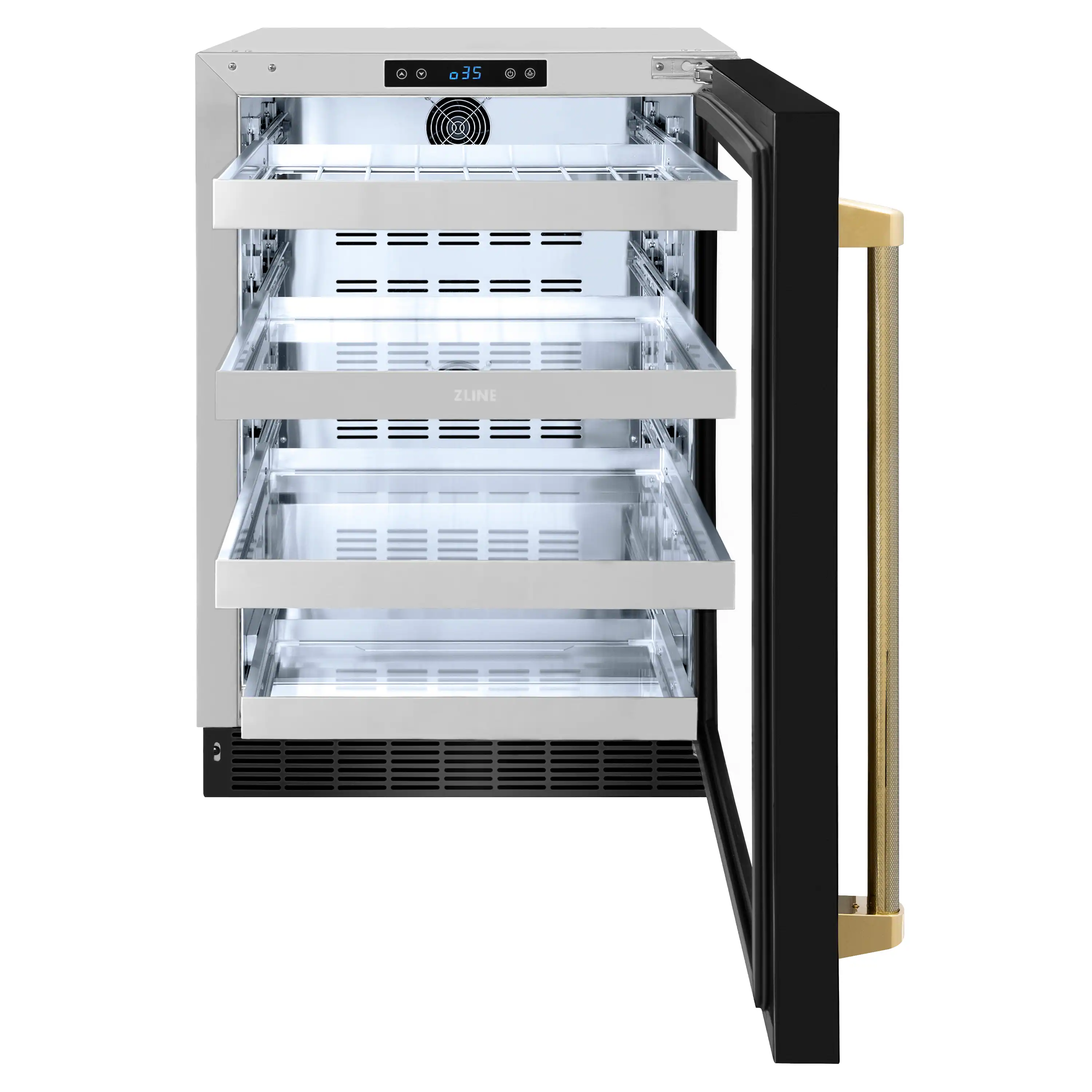 ZLINE Autograph Edition 24-Inch Touchstone 151 Can Beverage Fridge with Black Stainless Steel Glass Door and Polished Gold Helix Handle (RBSOZ-BS-24-KG) - Image 6