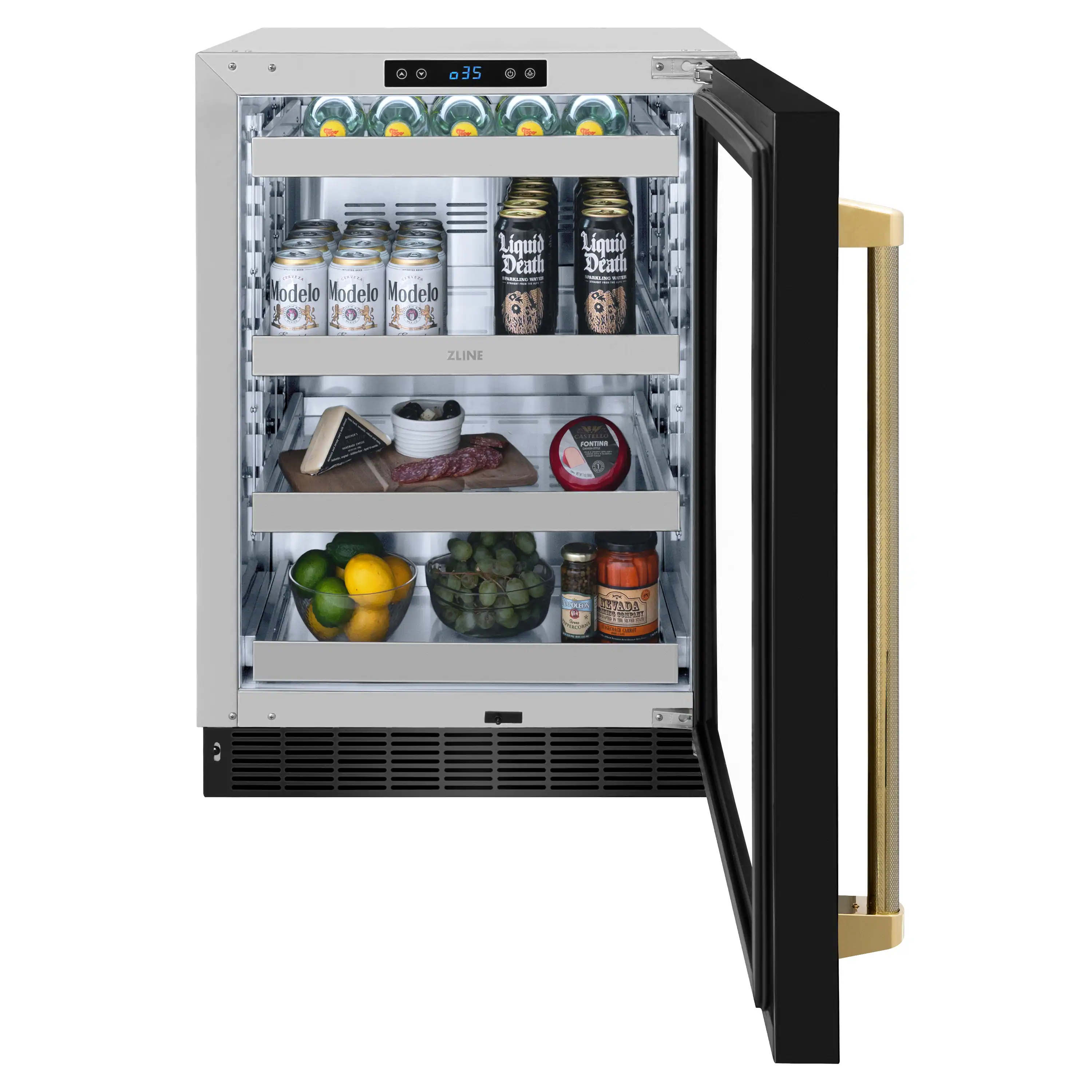 ZLINE Autograph Edition 24-Inch Touchstone 151 Can Beverage Fridge with Black Stainless Steel Glass Door and Polished Gold Helix Handle (RBSOZ-BS-24-KG) - Image 7