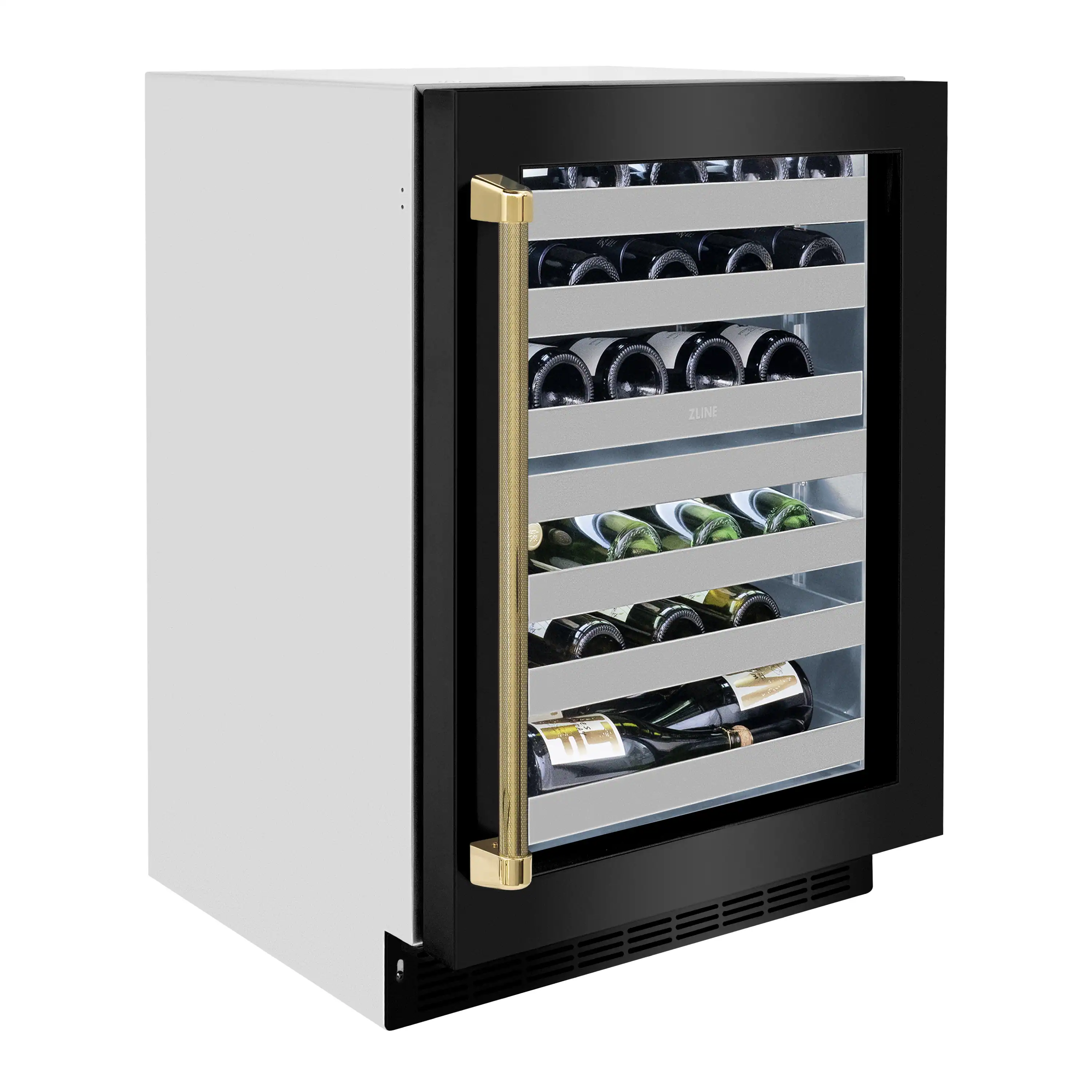 ZLINE Autograph 24-Inch Touchstone Dual Zone Wine Cooler with Black Stainless Steel with Glass Door & Gold Helix Handle (RWDOZ-BS-24-KG) - Image 4