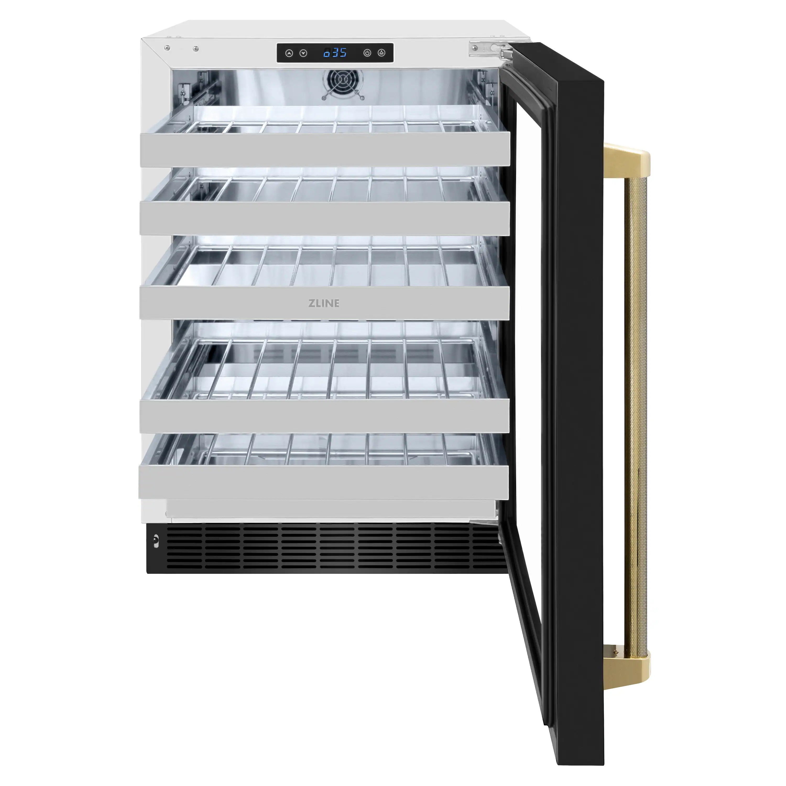 ZLINE Autograph 24-Inch Touchstone Dual Zone Wine Cooler with Black Stainless Steel with Glass Door & Gold Helix Handle (RWDOZ-BS-24-KG) - Image 7