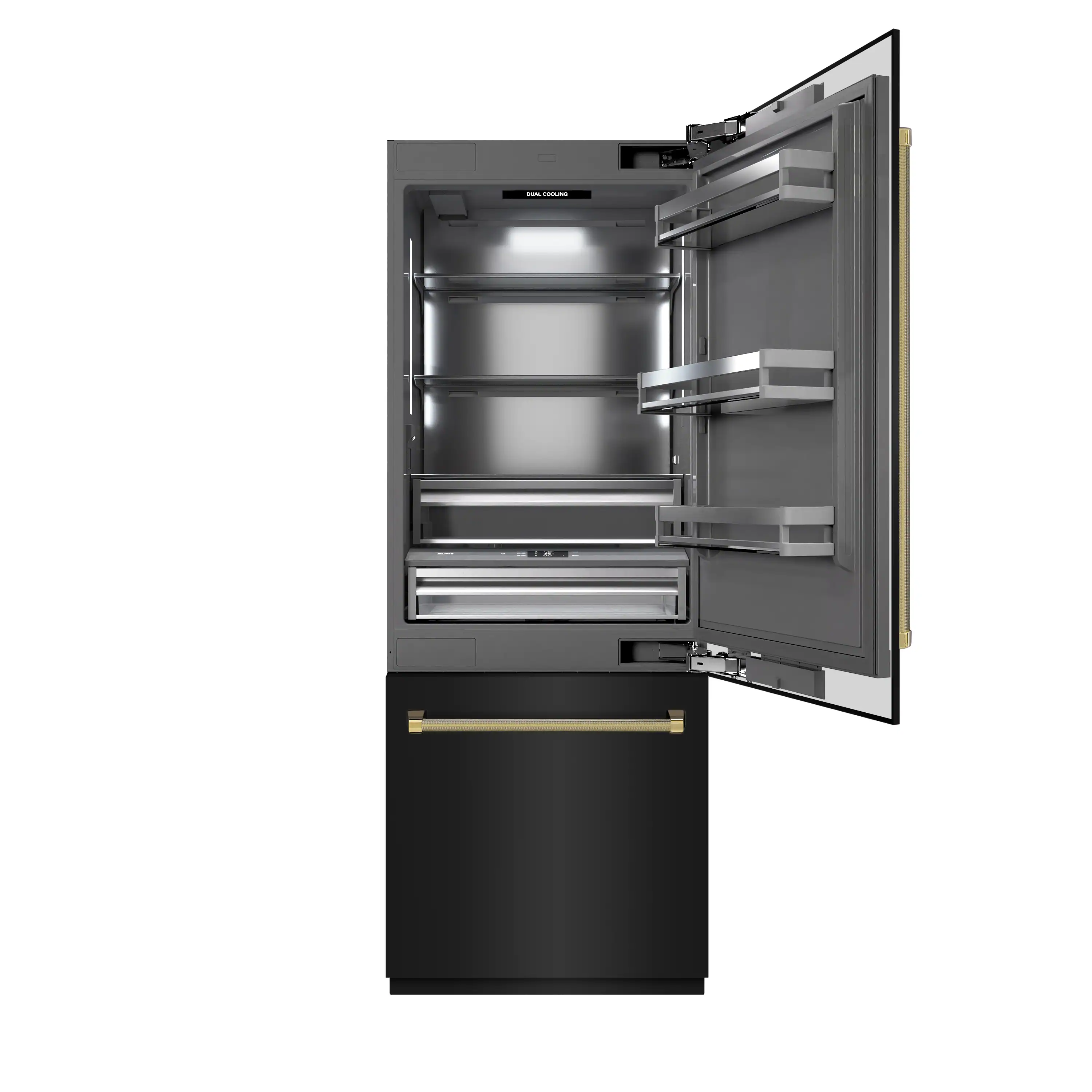 ZLINE Autograph 30-Inch Black Stainless Steel Built-In Refrigerator w/ Gray Interior and Gold Helix Handles (GRBIVZ-BS30KG) - Image 4