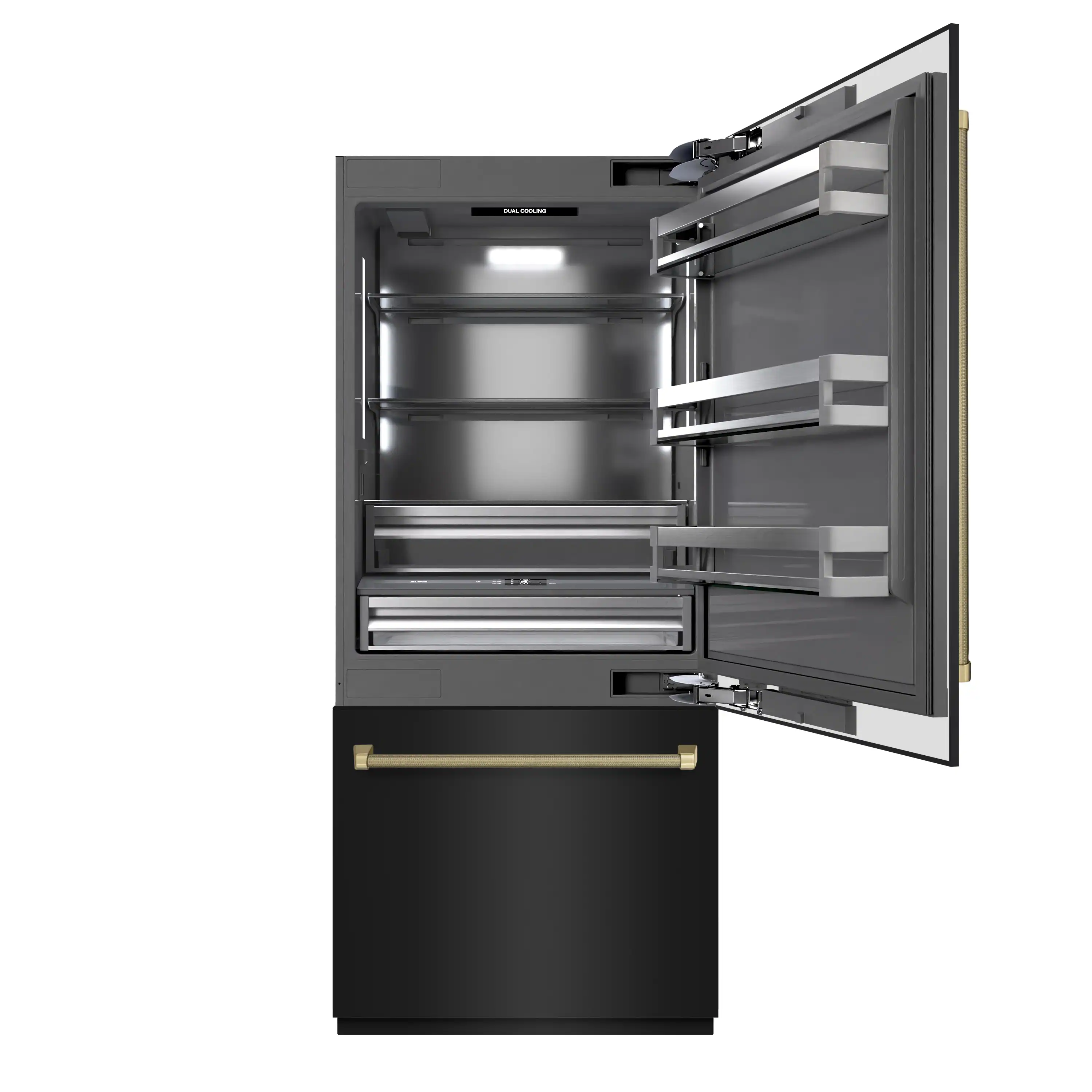 ZLINE Autograph 36-Inch Black Stainless Steel Built-In Refrigerator w/ Gray Interior & Bronze Helix Handles (GRBITZ-BS36-KCB) - Image 4
