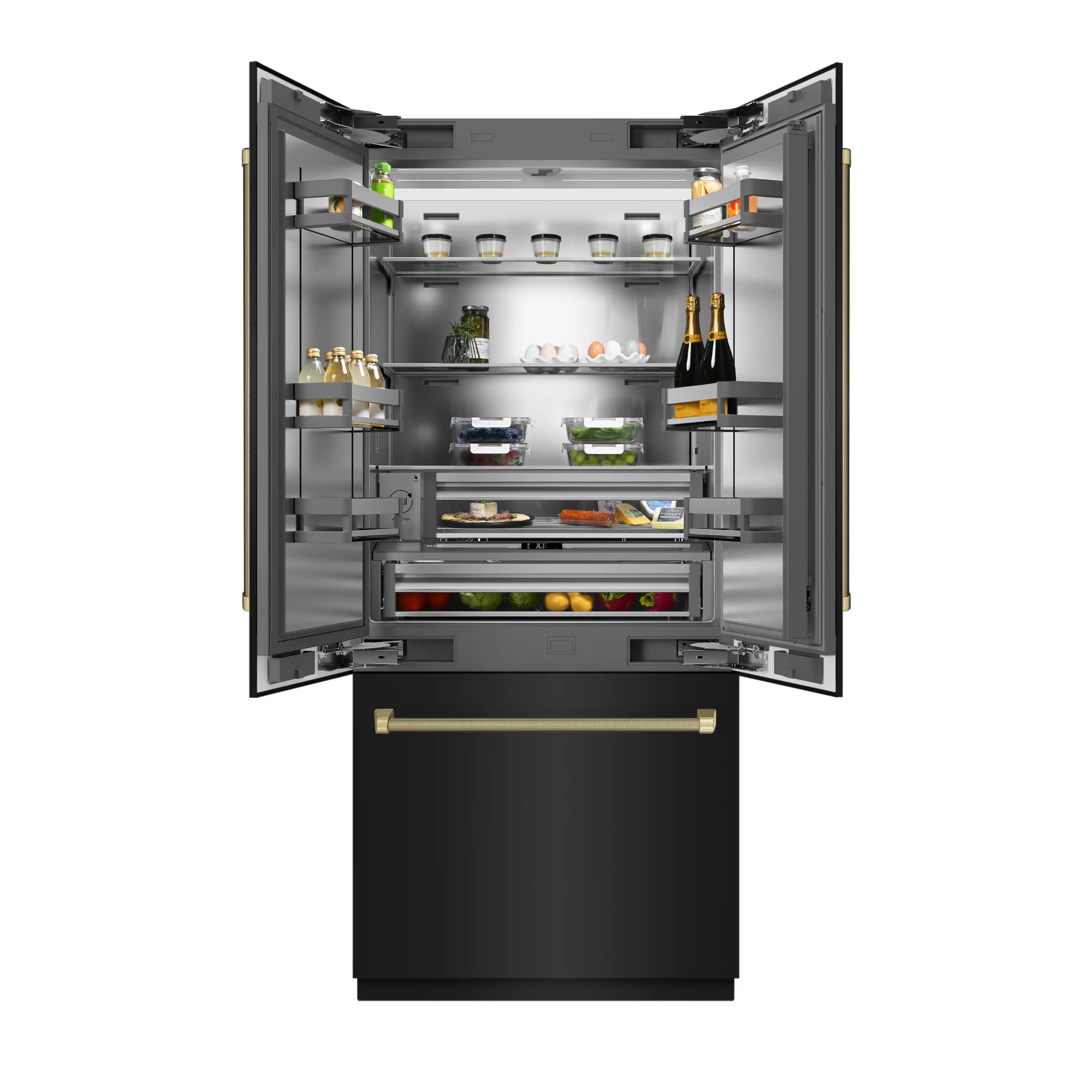 ZLINE Autograph 36-Inch Black Stainless Steel French Door Fridge w/ Stainless Interior & Bronze Helix Handles (SRBIVZ-BS36KCB) - Image 4