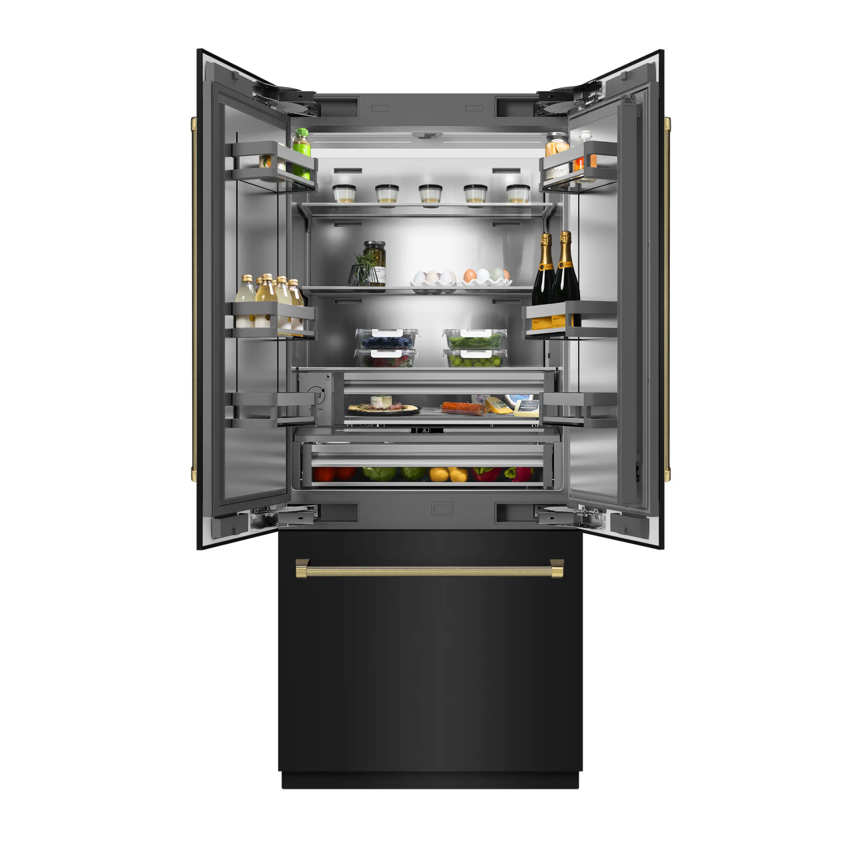 ZLINE Autograph 36-Inch Black Stainless Steel French Door Fridge w/ Stainless Interior & Gold Helix Handles (SRBIVZ-BS36KG) - Image 4