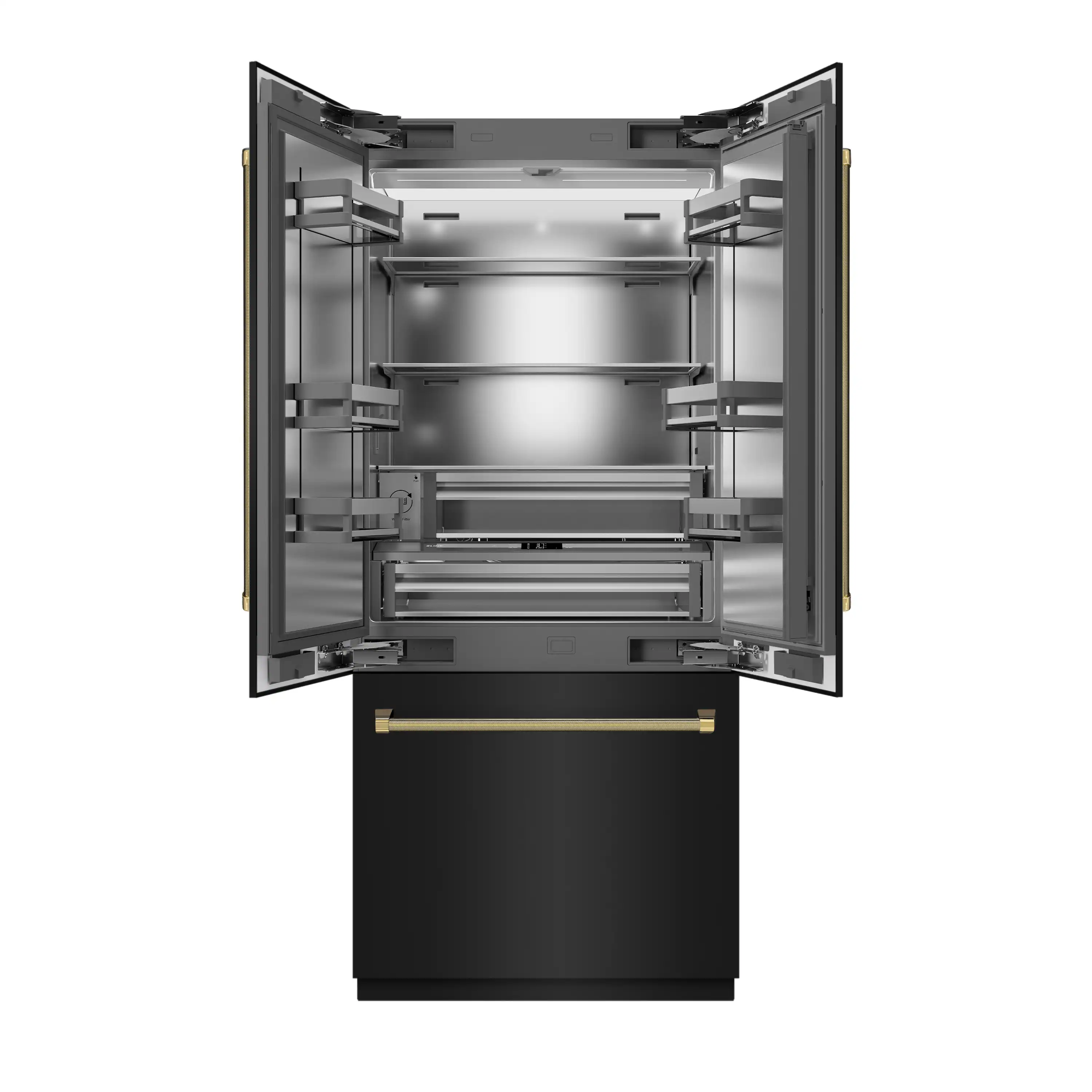 ZLINE Autograph 36-Inch Black Stainless Steel French Door Fridge w/ Stainless Interior & Gold Helix Handles (SRBIVZ-BS36KG) - Image 5