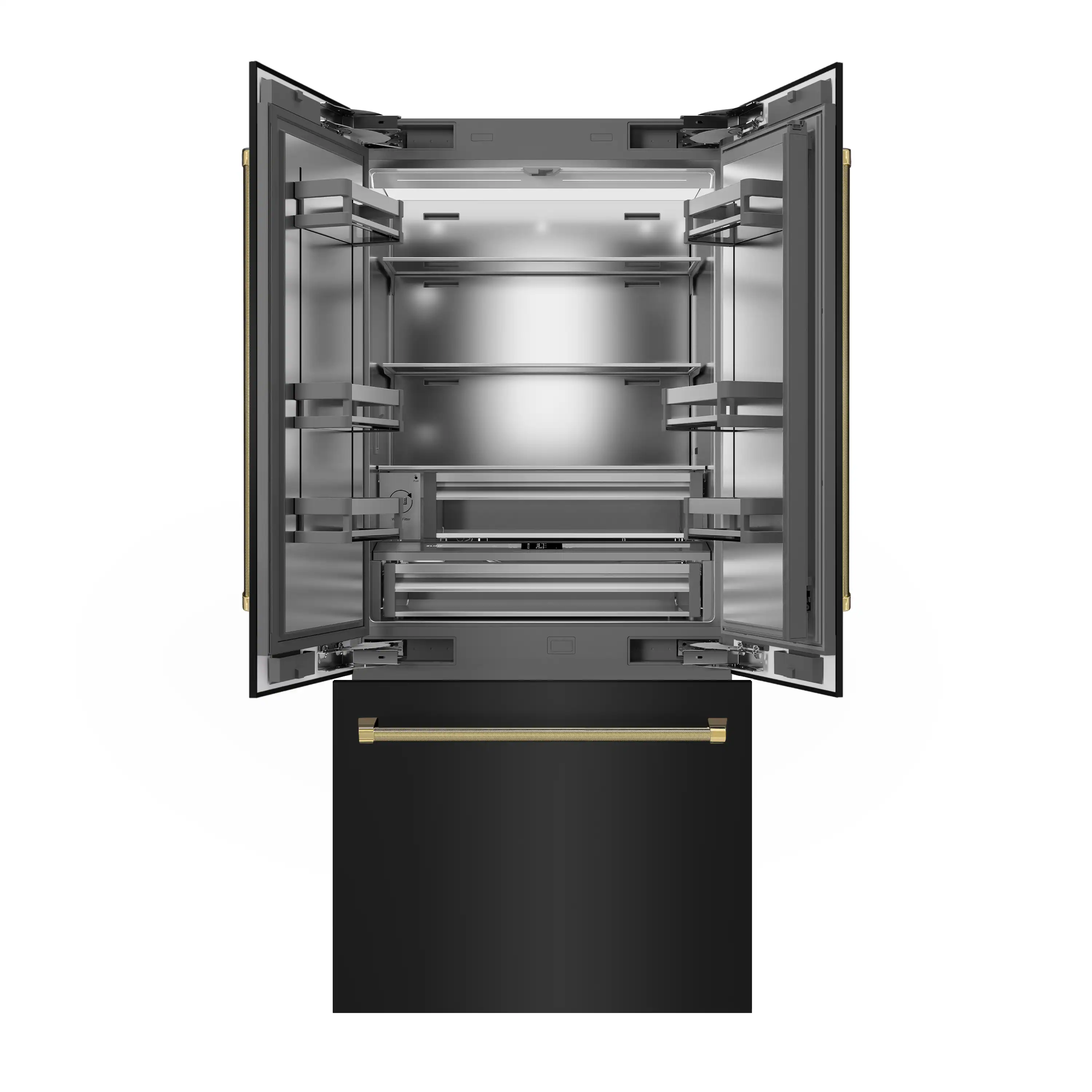ZLINE Autograph 36-Inch Black Stainless Steel French Door Fridge w/ Stainless Interior & Gold Helix Handles (SRBIVZ-BS36KG) - Image 6