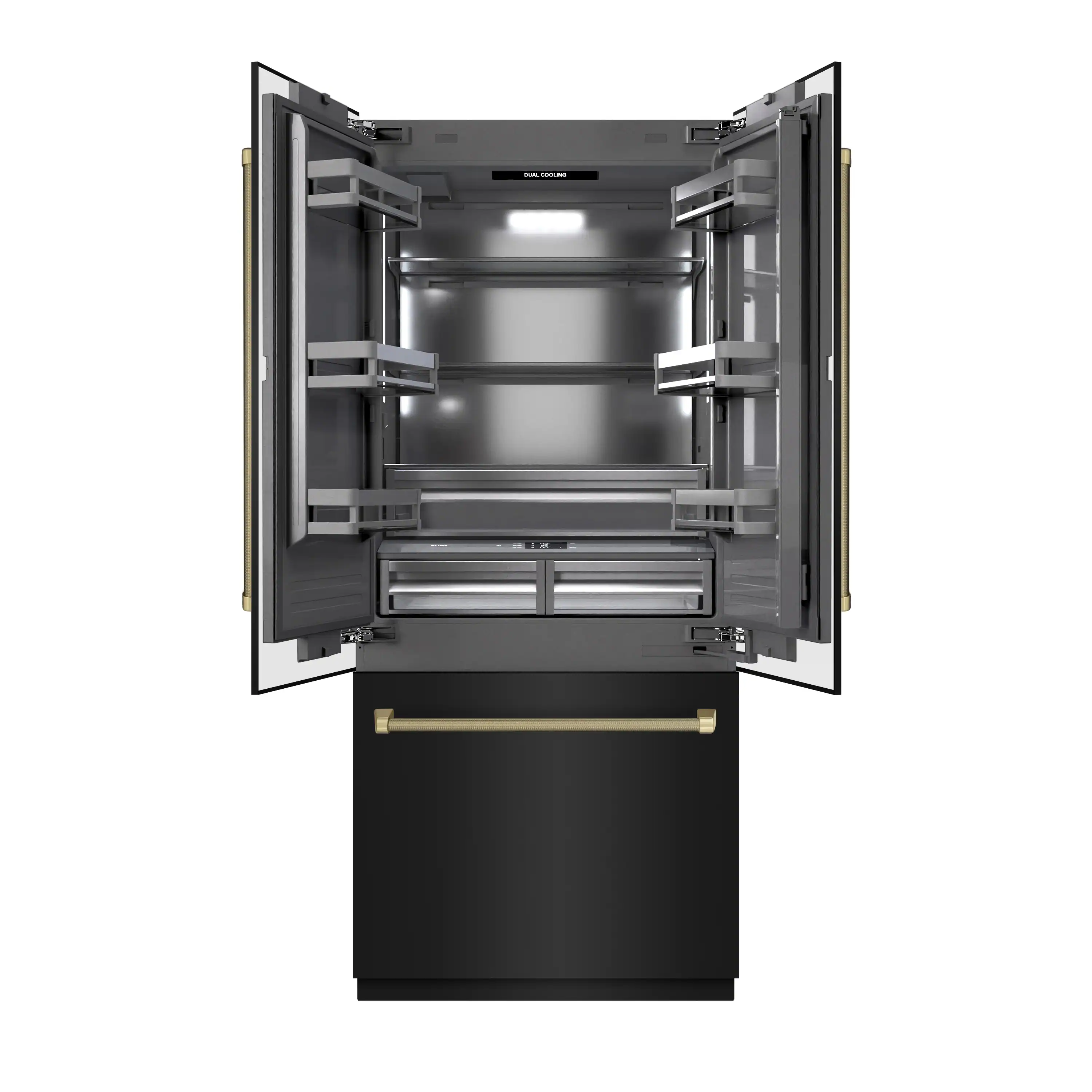 ZLINE Autograph 36-Inch Black Stainless Steel French Door Refrigerator w/ Gray Interior & Bronze Helix Handles (GRBIVZ-BS36KCB) - Image 4