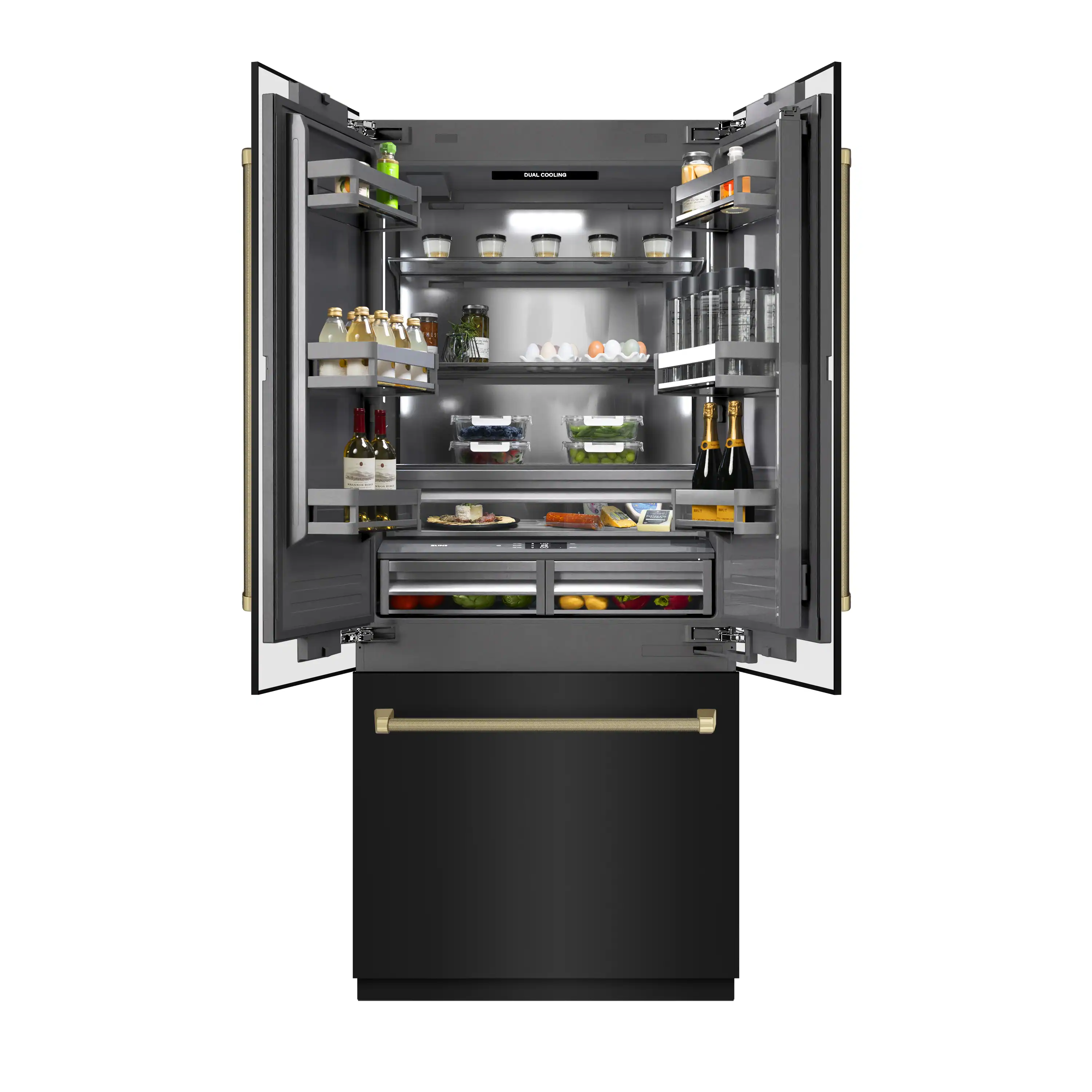 ZLINE Autograph 36-Inch Black Stainless Steel French Door Refrigerator w/ Gray Interior & Bronze Helix Handles (GRBIVZ-BS36KCB) - Image 6
